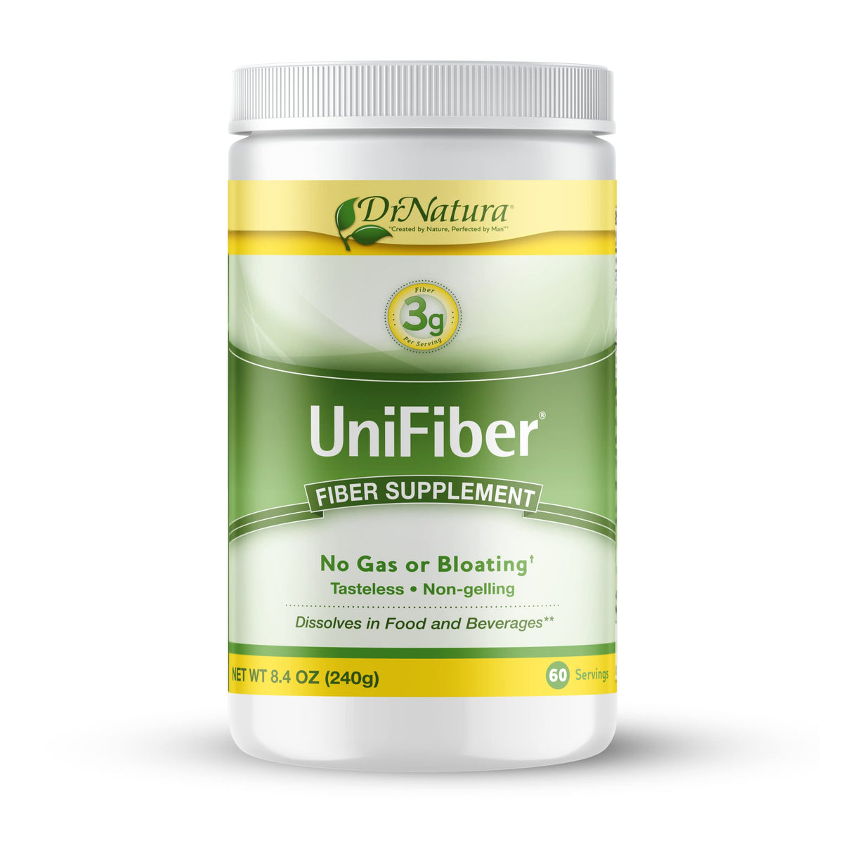 DrNatura Unifiber en polvo con empaque, fibra natural para uso diario.