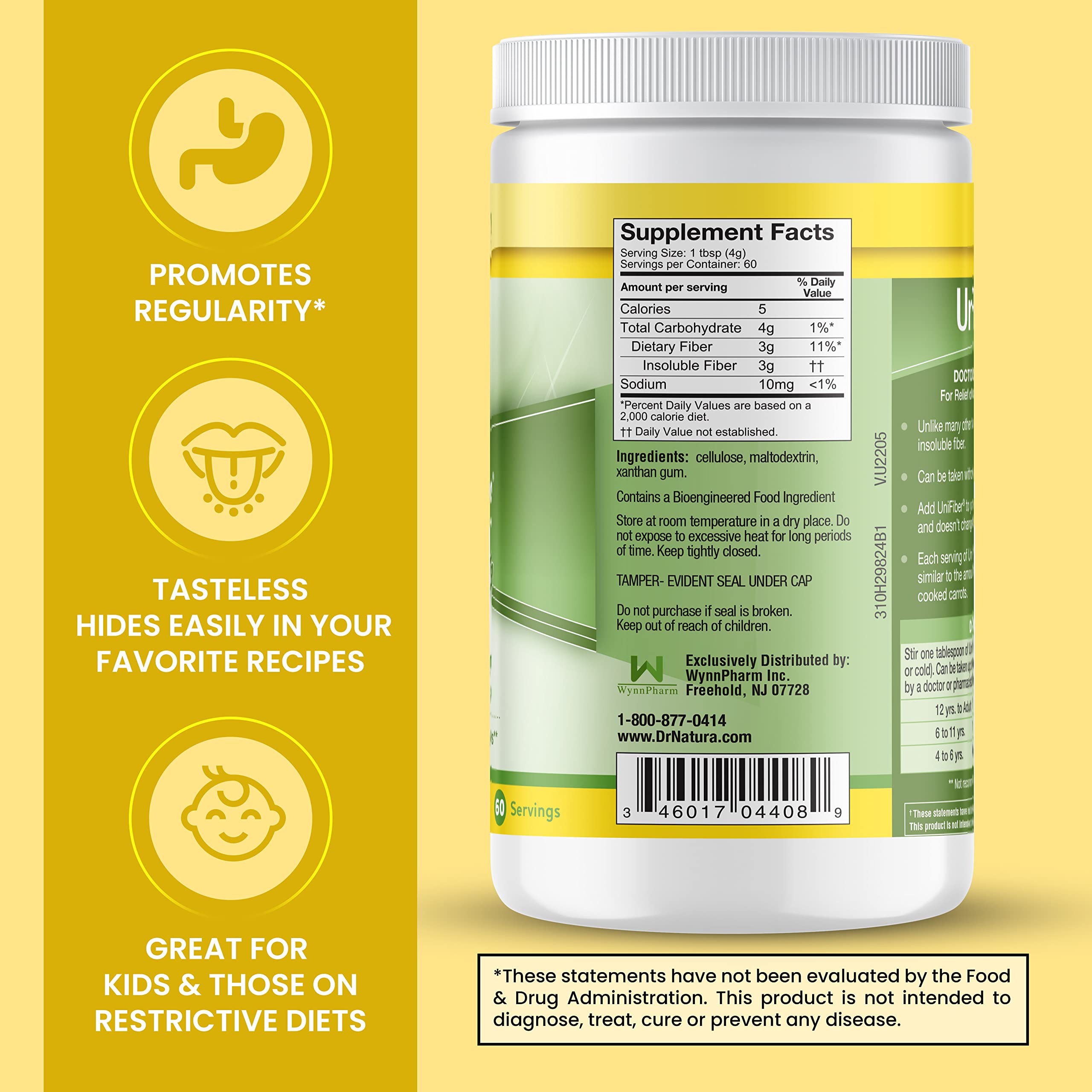 DrNatura Unifiber en bebida, mezcla suave sin sabor para uso diario.