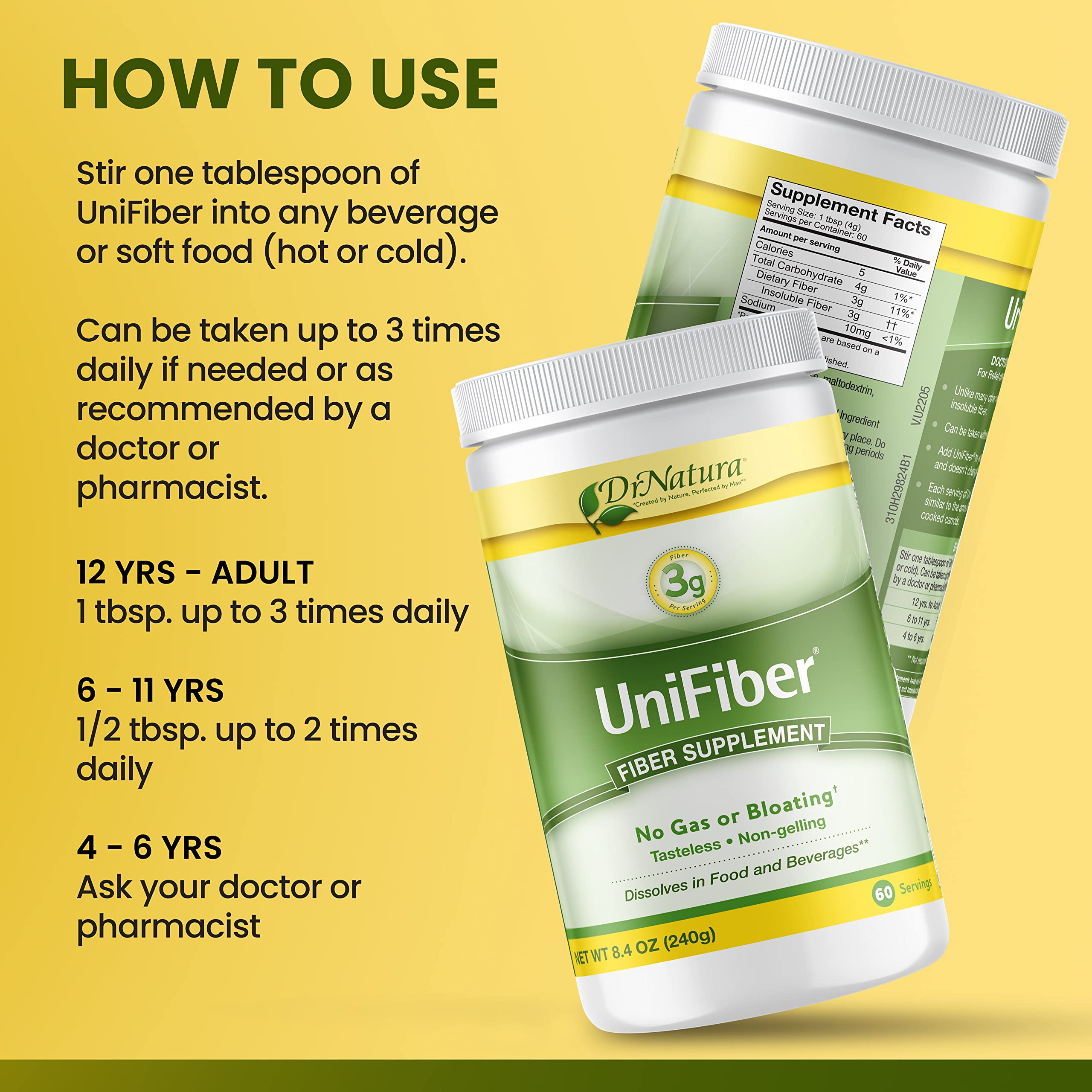 DrNatura Unifiber uso diario por la mañana para digestión suave.