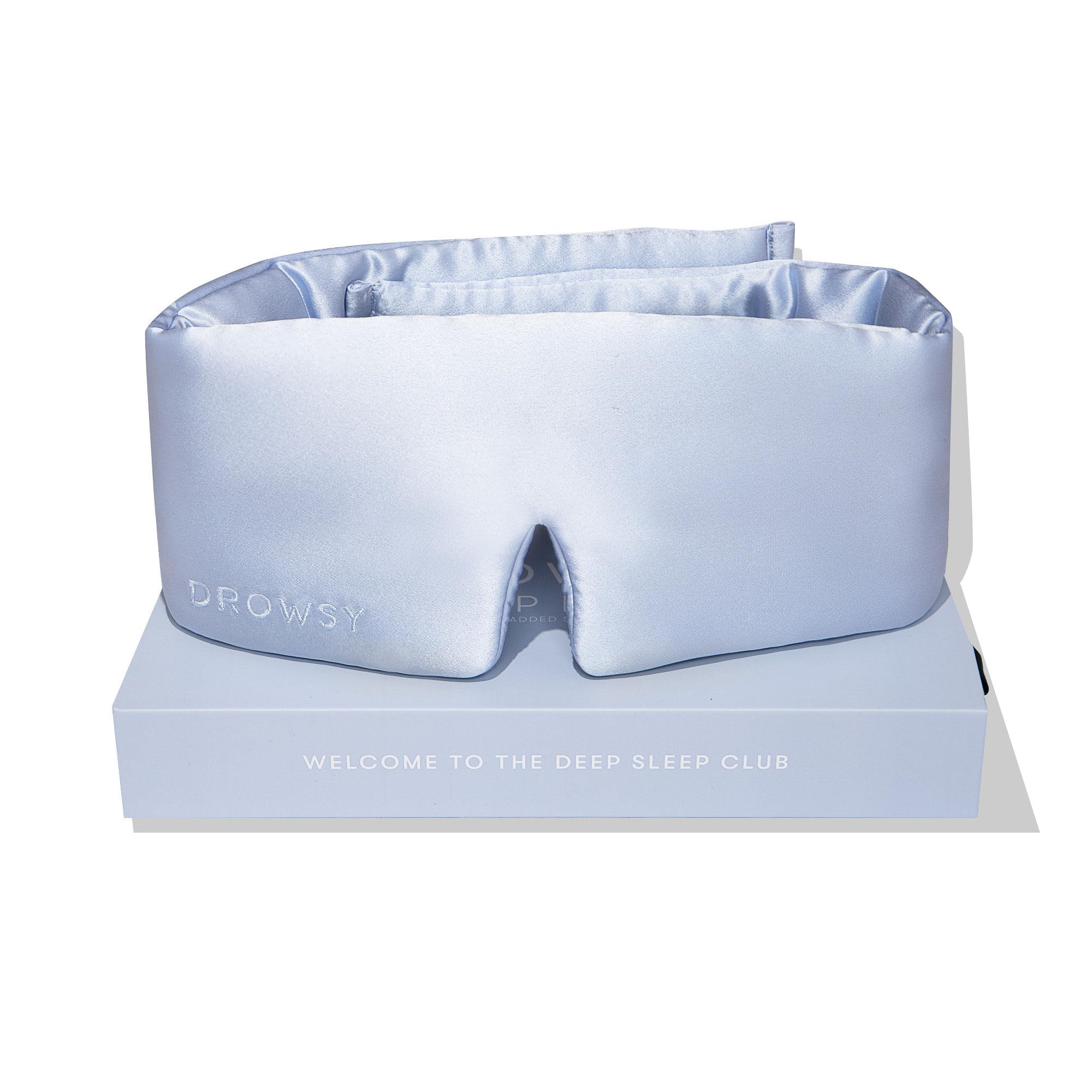 Drowsy mascarilla de seda azul Belle en empaque regalo para lujo nocturno.