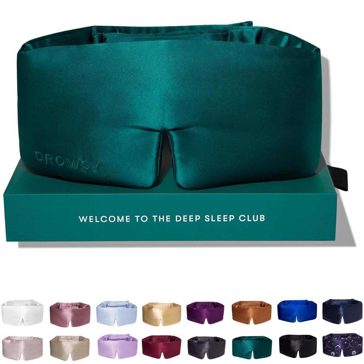 Mascarilla Drowsy de seda verde zafiro en empaque elegante, regalo de descanso