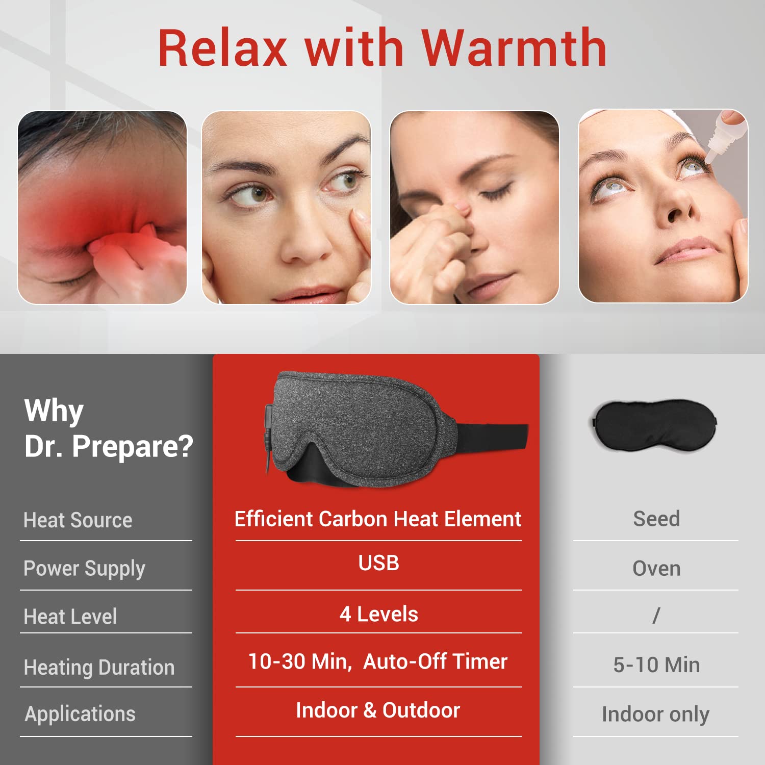 DR.PREPARE mascarilla ojos caliente, configuraciones de calor para adaptar tu rutina de descanso.