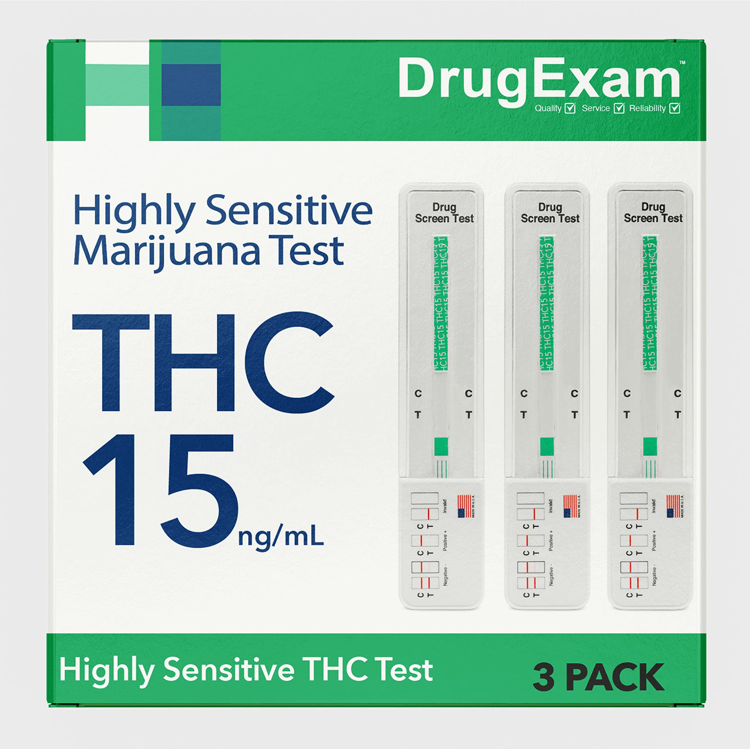 DrugExam paquete de tres pruebas THC 15ngml, detección sensible para verificar antes de pruebas