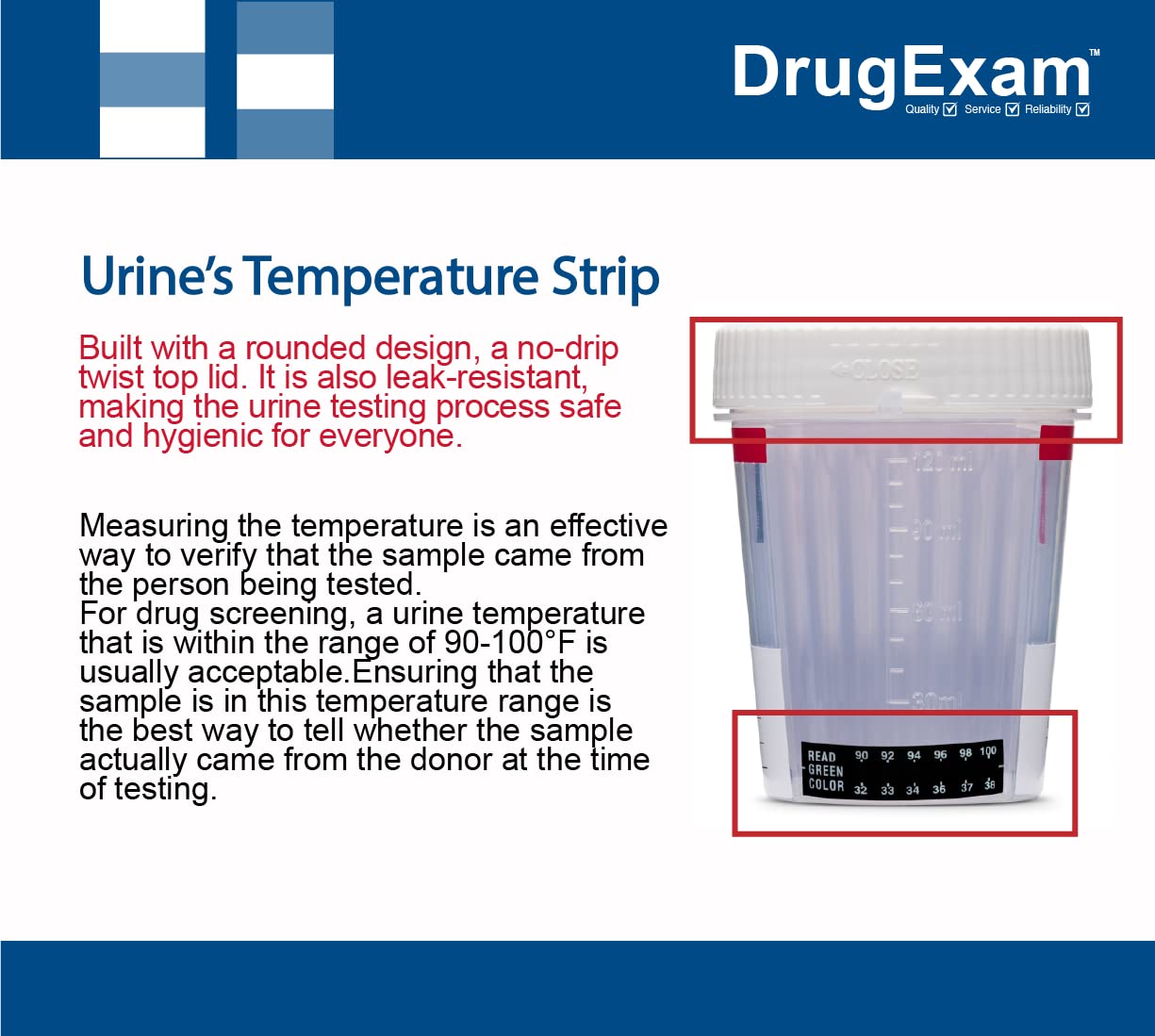 DrugExam tapa resistente a fugas para mayor seguridad.