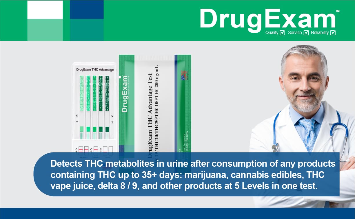 DrugExam THC Advantage: empaque y tiras fáciles de usar, listo para pruebas.