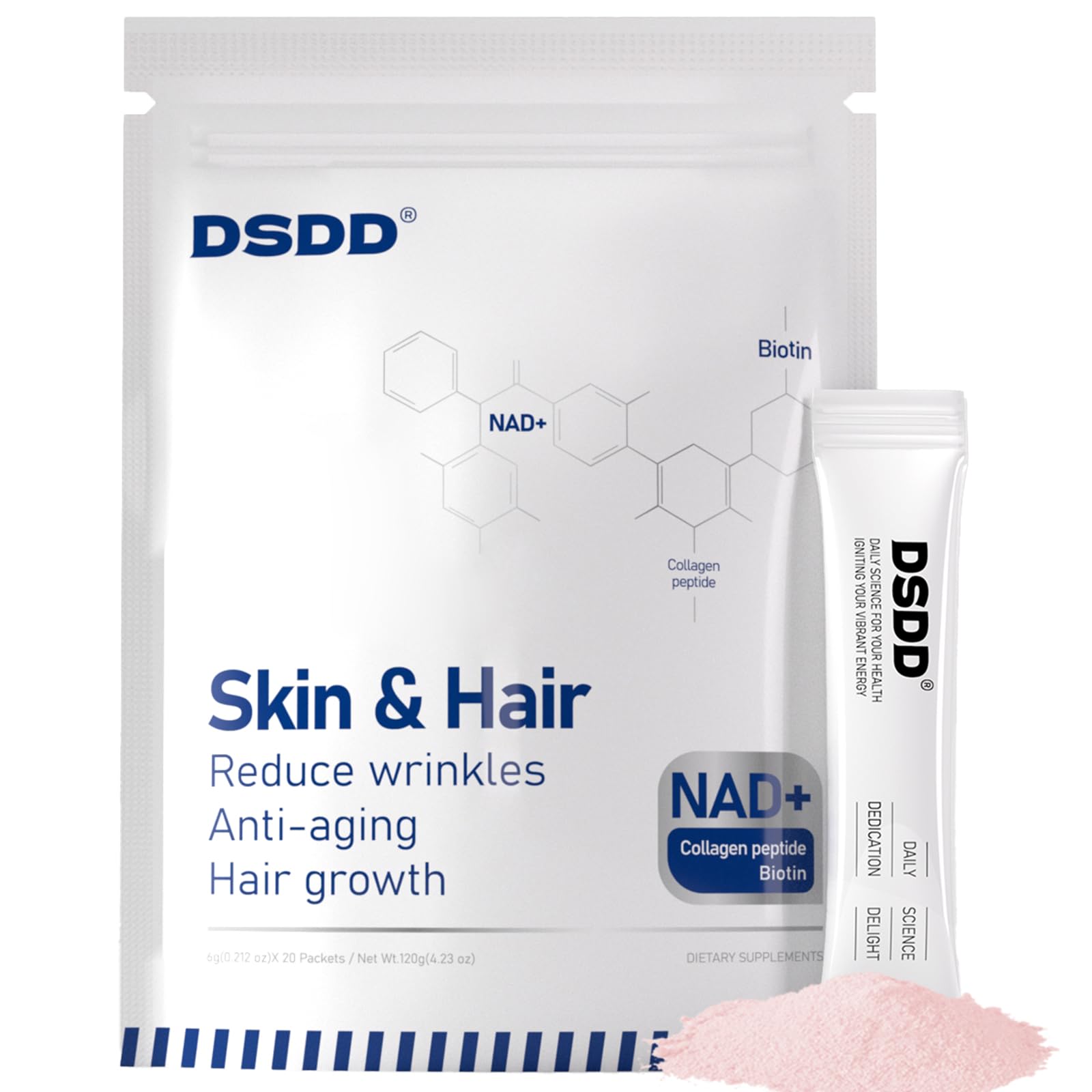 DSDD Biotina frasco del suplemento mostrando cápsulas para cabello y piel.