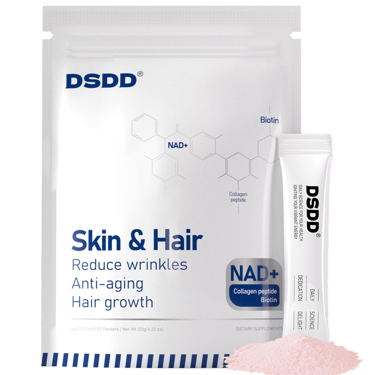 DSDD Biotina frasco del suplemento mostrando cápsulas para cabello y piel.