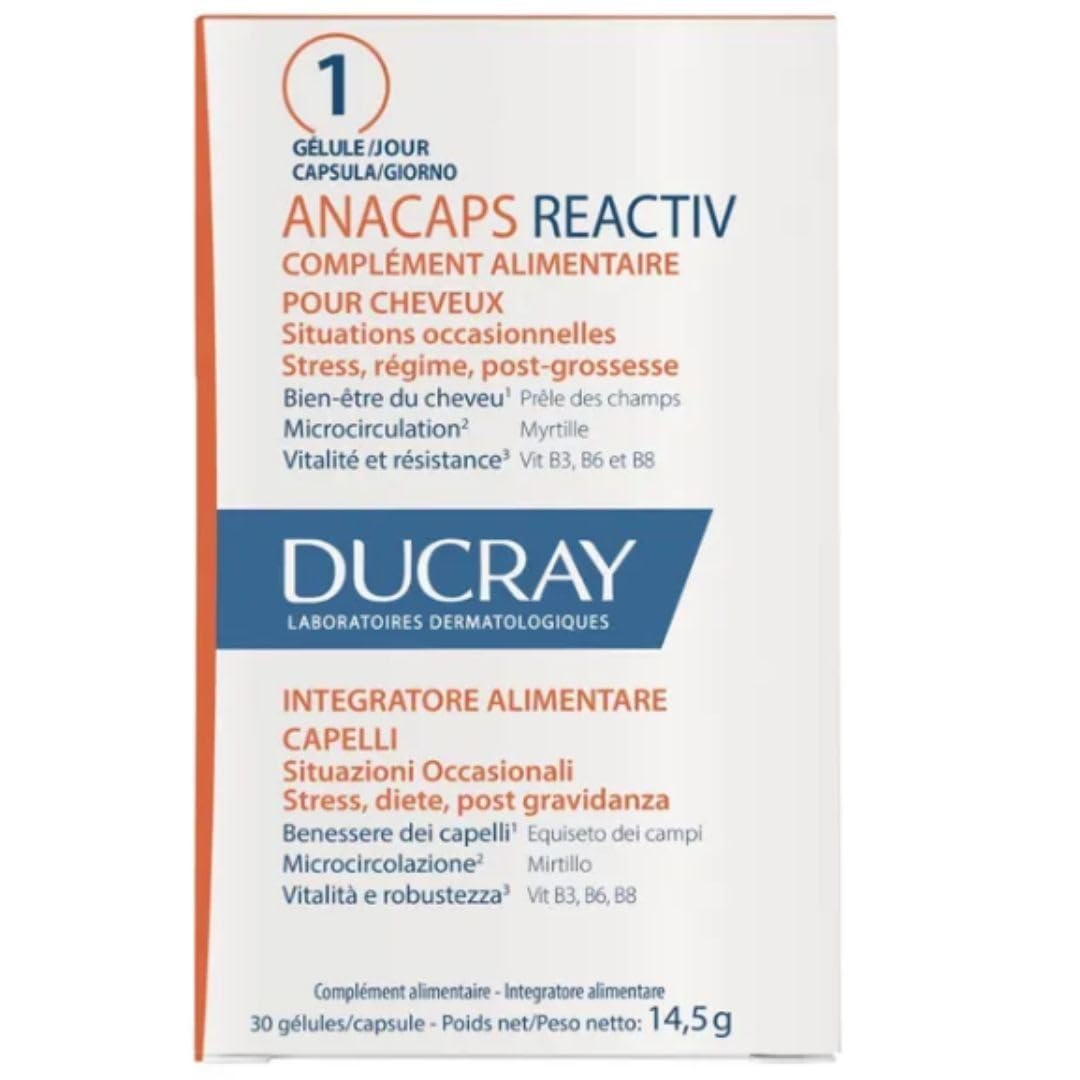 Ducray ANACAPS REACTIV: cápsulas en frasco para uso diario en el cuidado capilar.