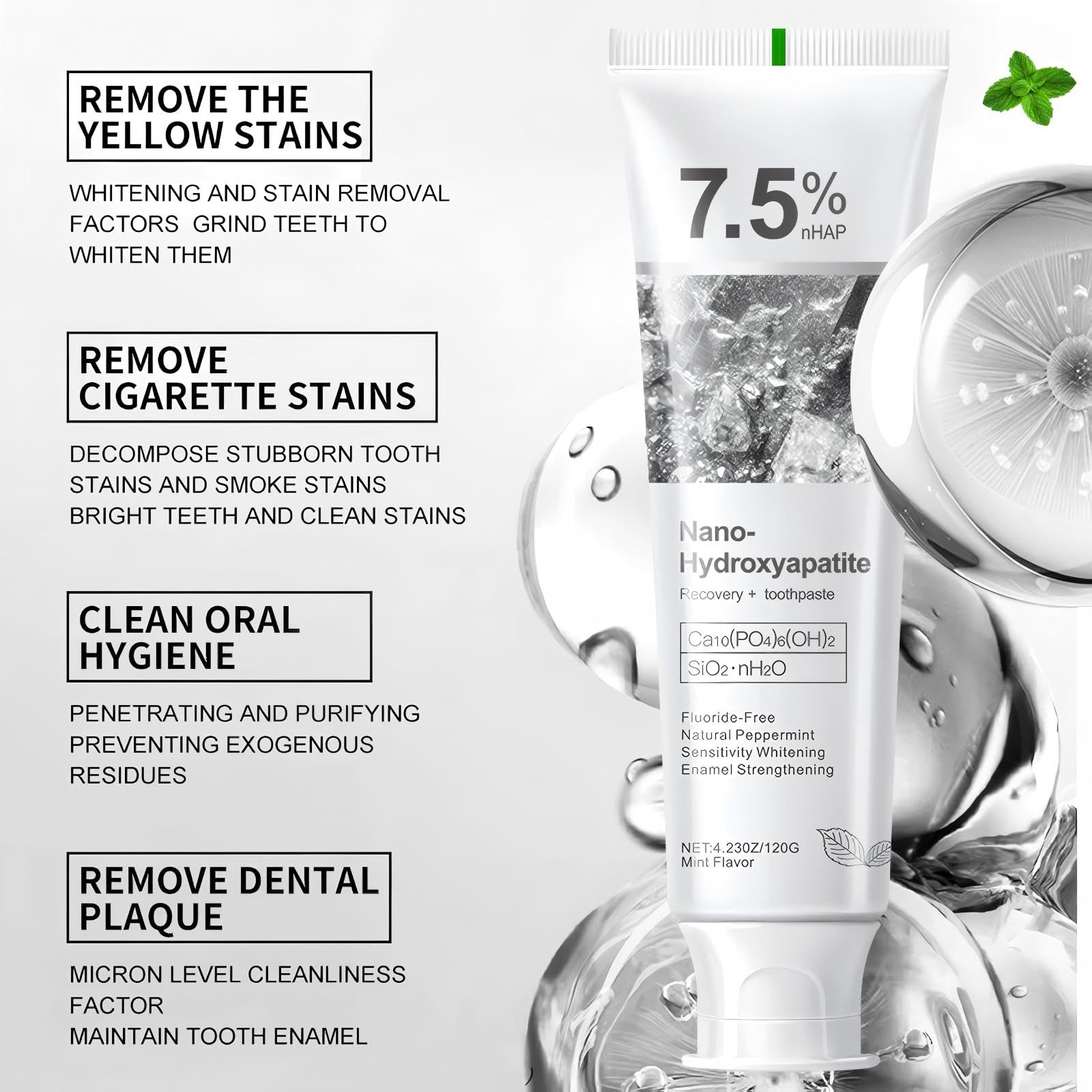 DUOYINTL pasta dental hidroxiapatita 7,5% enfatiza la protección del esmalte durante el cepillado.