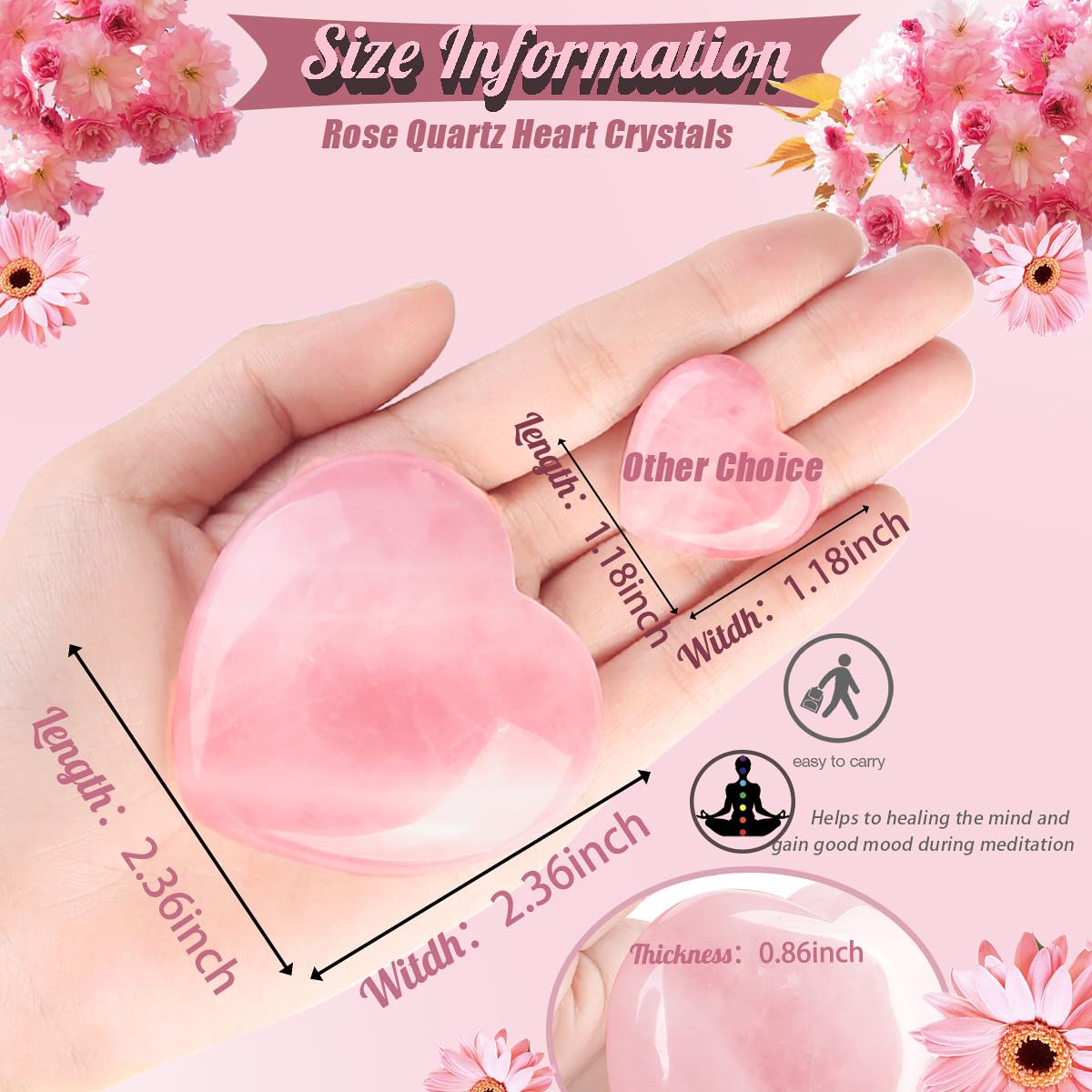 DUQGUHO Corazón de cuarzo rosa en mano para meditación y relajación.