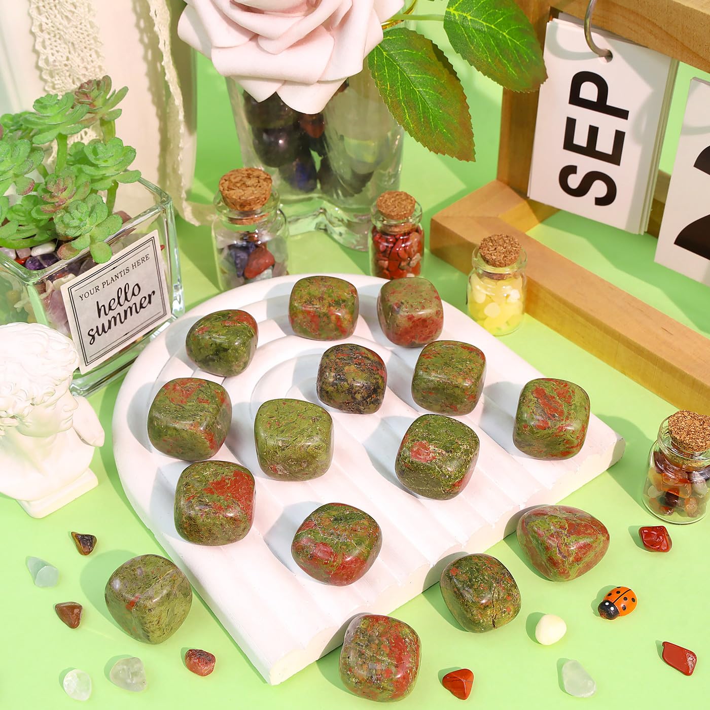 DUQGUHO Unakite: cristales decorativos brillantes para acentos de mesa