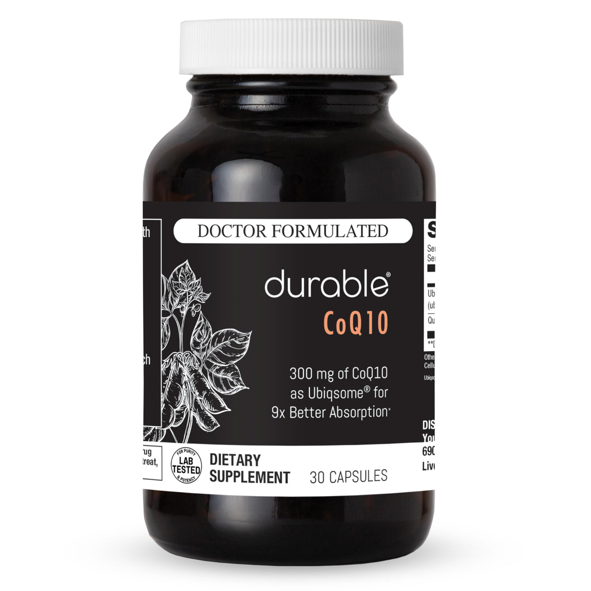 Durable CoQ10 en botella con fórmula fitosoma para absorción óptima.