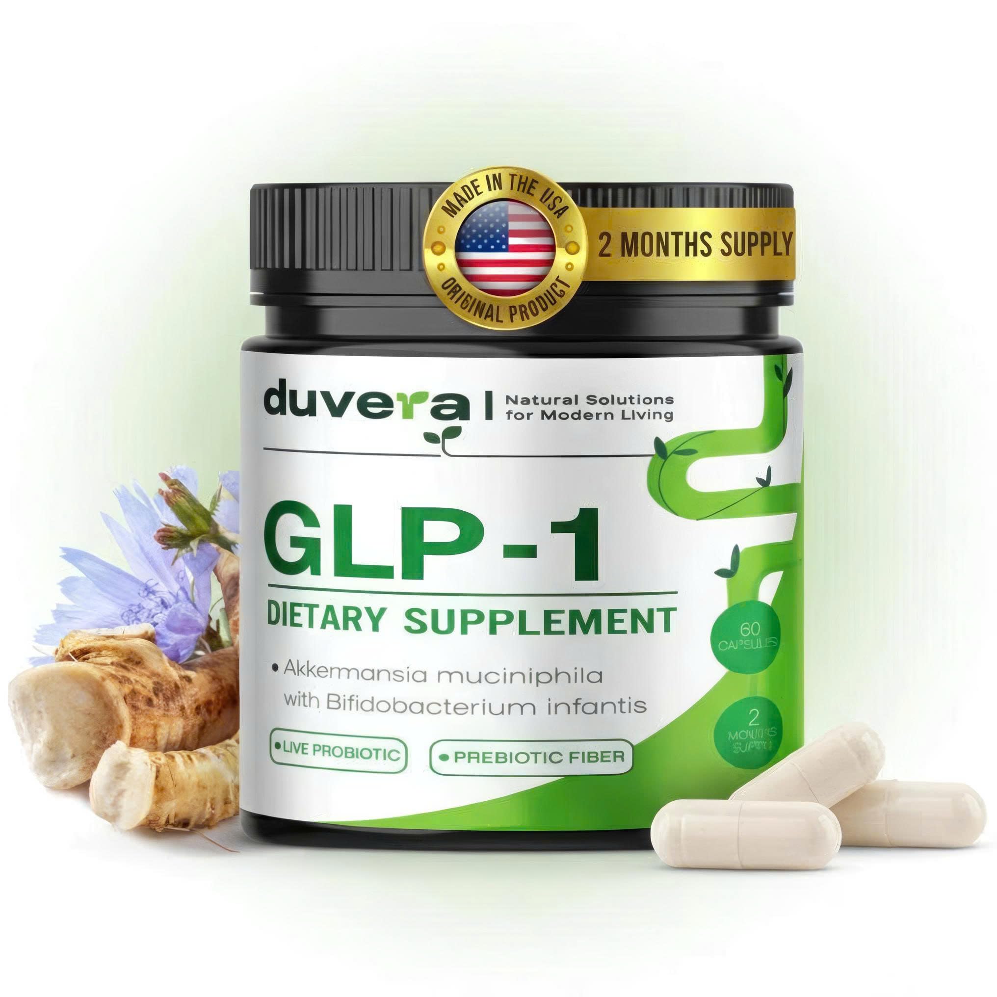 duvera Akkermansia Probiotic GLP-1 en botella para salud intestinal y balance