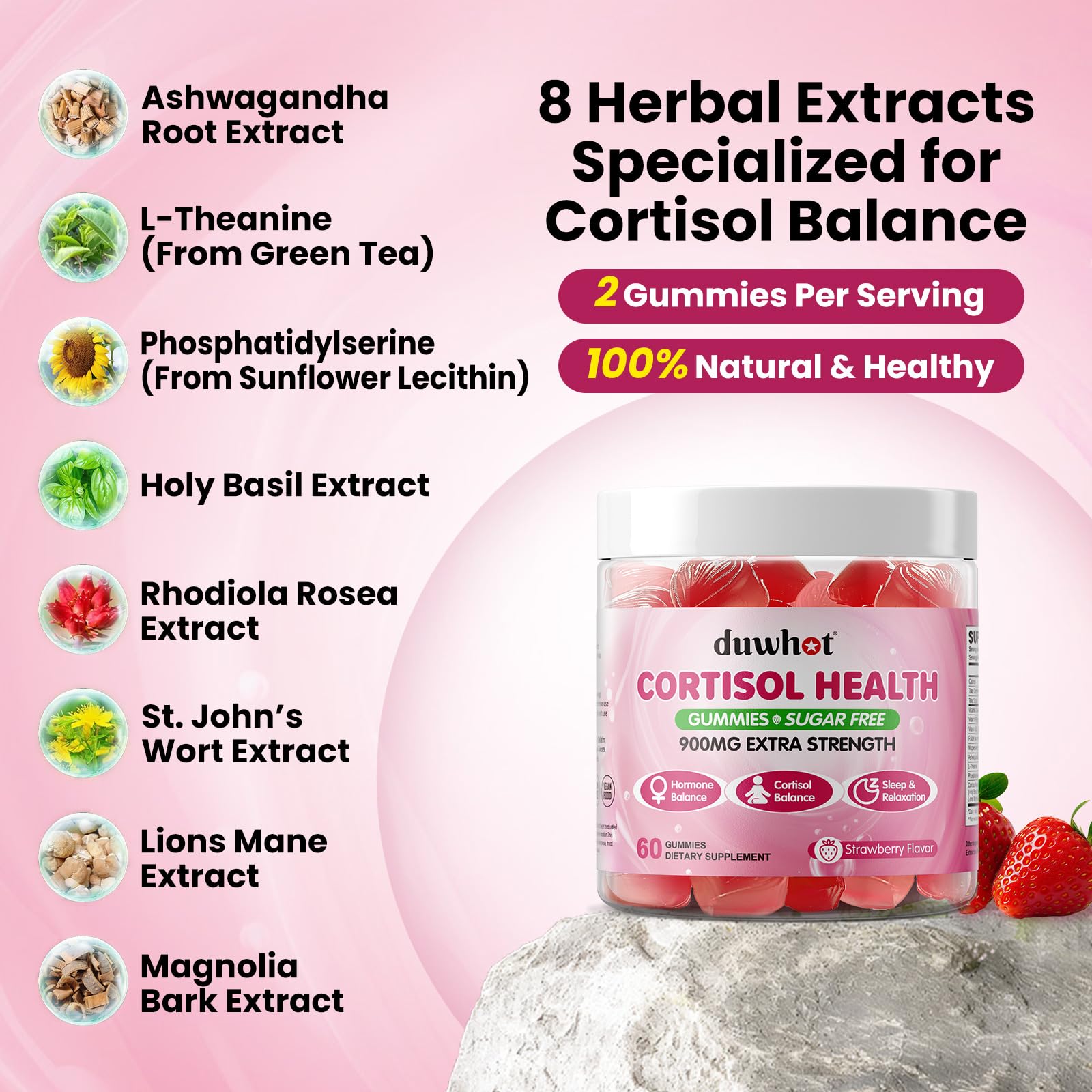 duwhot Cortisol Gummies: etiqueta frontal clara para conocer ingredientes