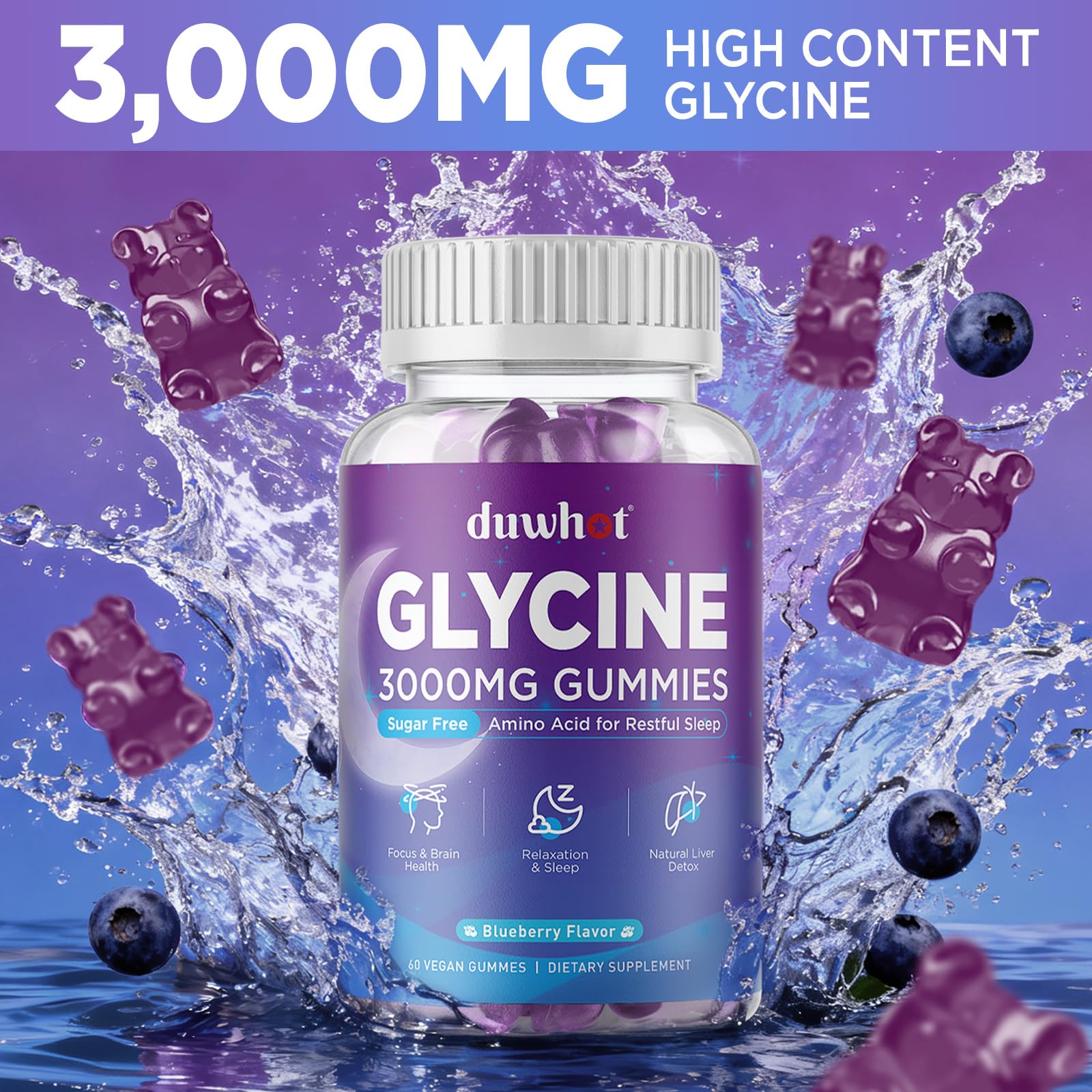 Etiqueta vegana y sin gluten de duwhot glicina gummies comunica calidad.