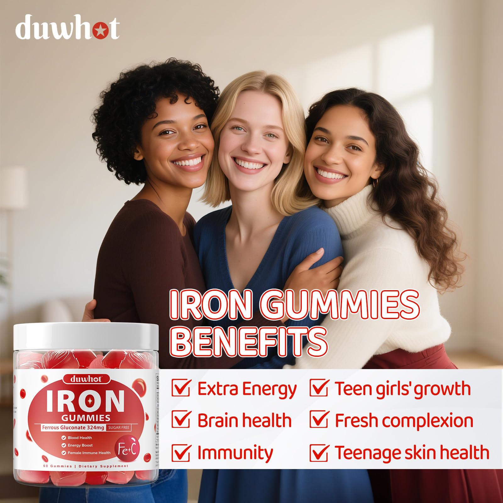Duwhot gominolas de hierro, ingredientes clave con vitaminas para apoyo diario.