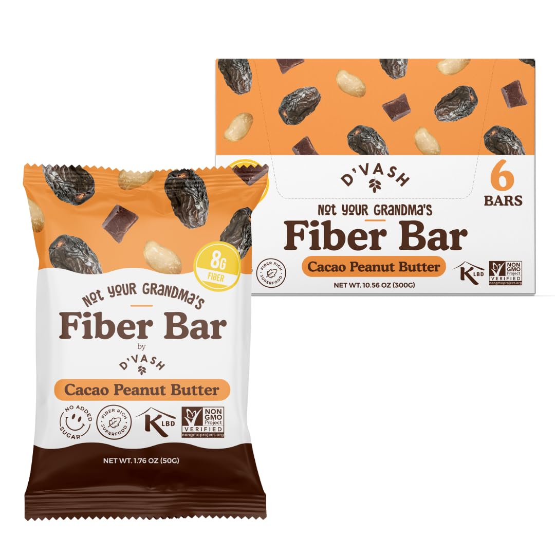 Barra D'Vash cacao con cacahuate para energía diaria y fibra.