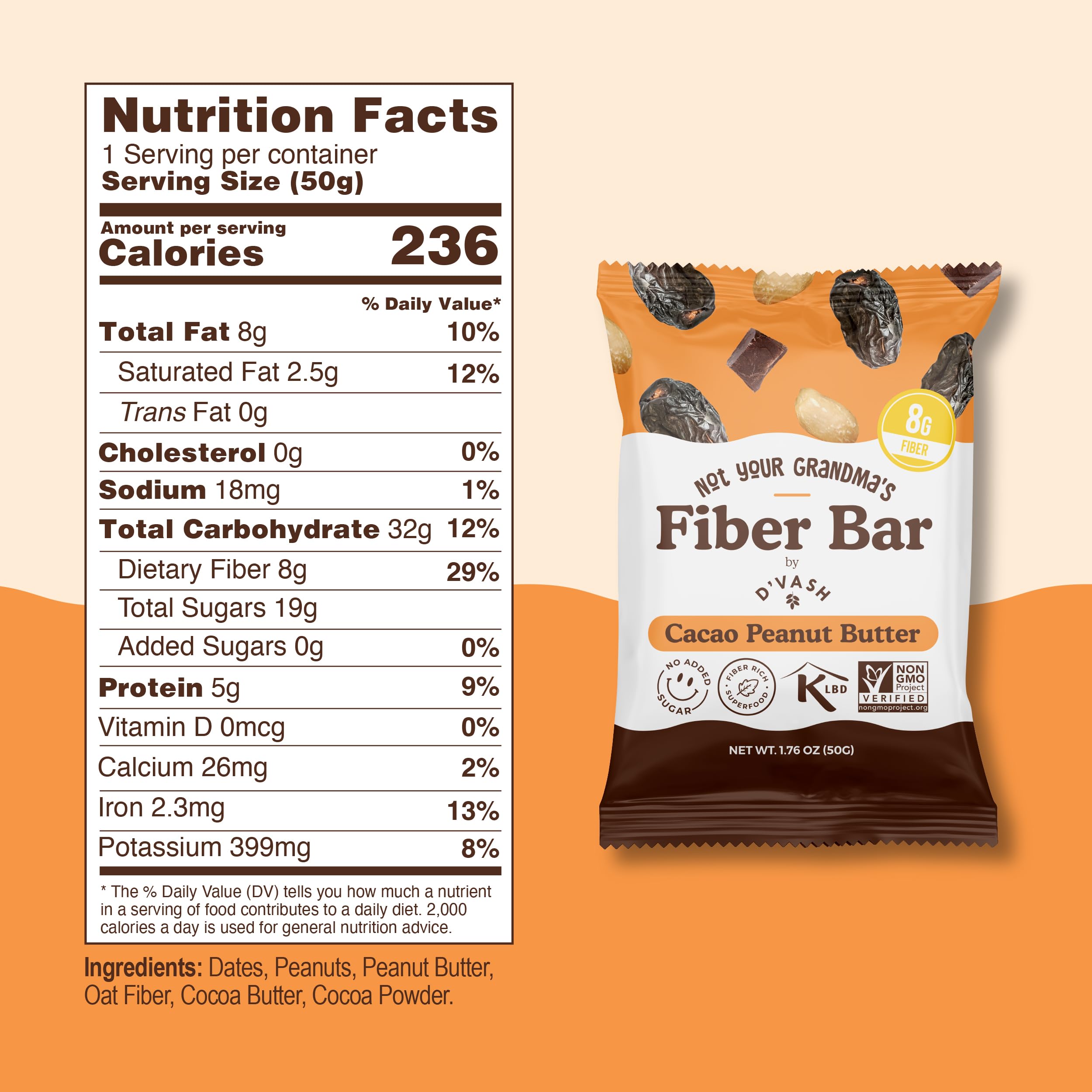 Barra D'Vash nuez pecana cacao: sabor intenso con fibra para saciedad.