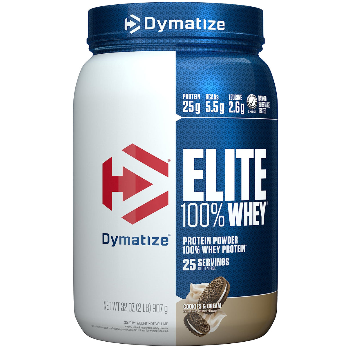 Dymatize Elite 100% Whey, polvo sabor galletas y crema para recuperación rápida.