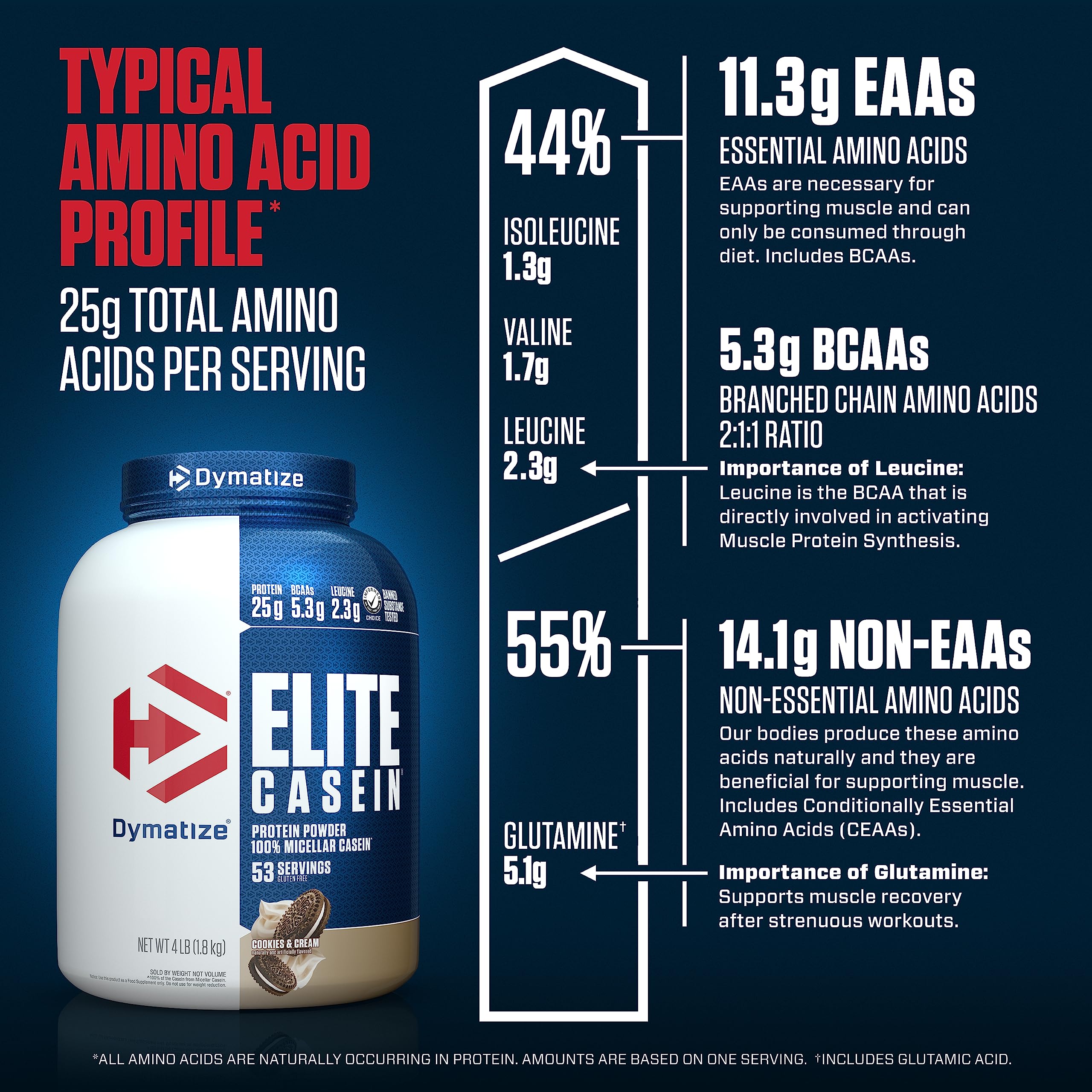 Cucharada medidora de Dymatize Elite Casein facilita dosis consistentes cada noche.