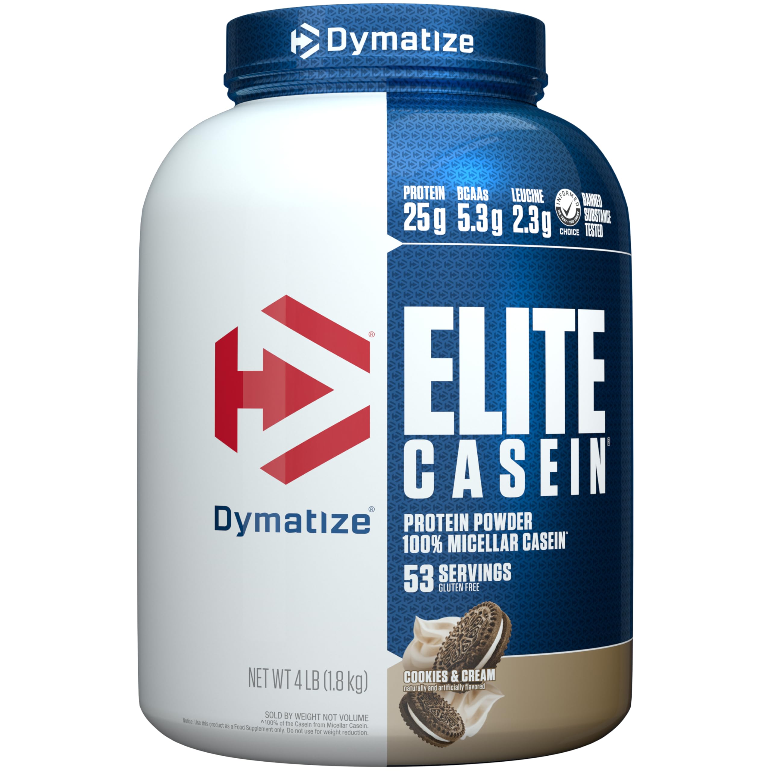 Envase de Dymatize Elite Casein con sabor Cookies y Crema, ideal para la noche.