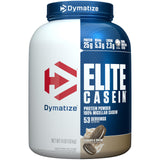 Envase de Dymatize Elite Casein con sabor Cookies y Crema, ideal para la noche.