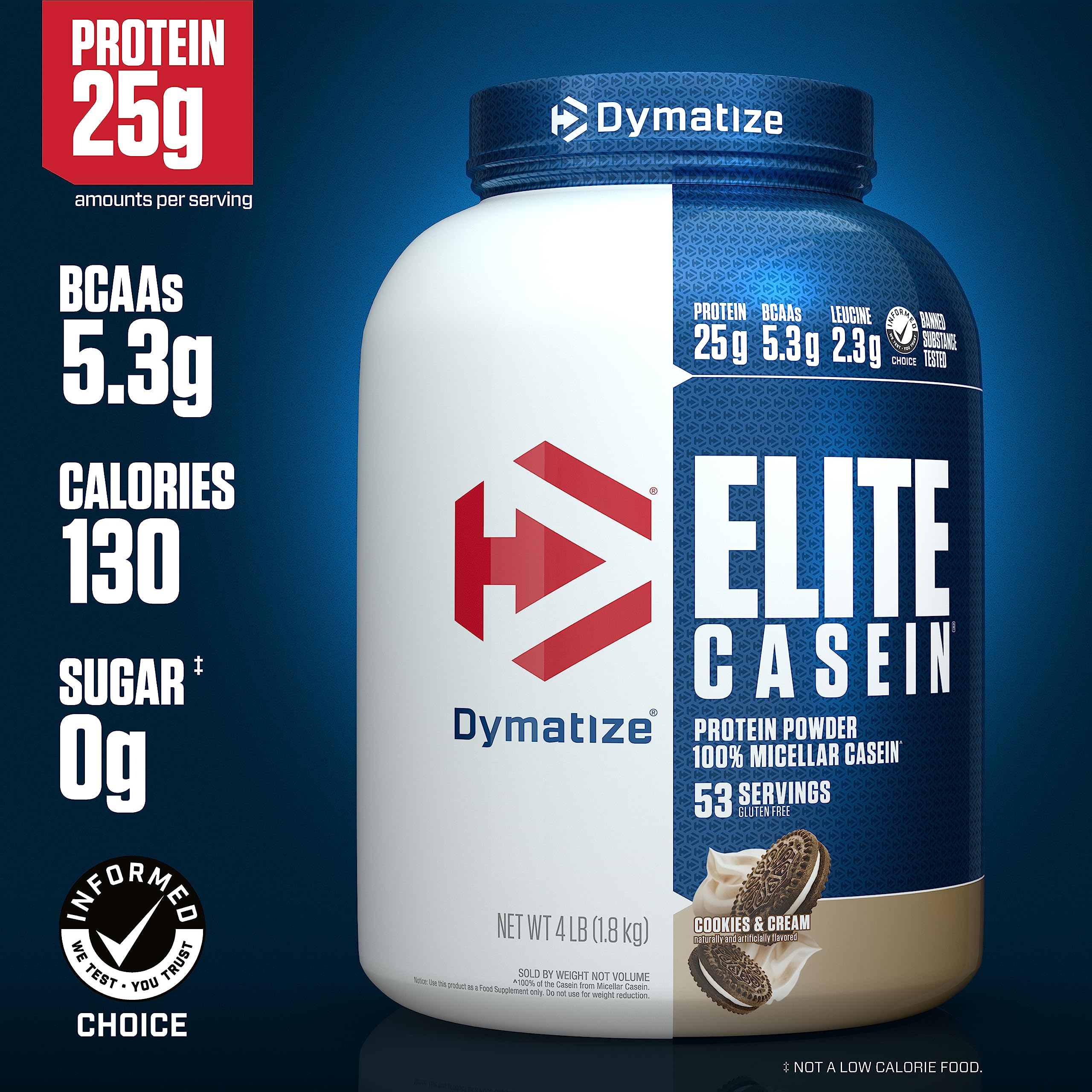 Etiqueta nutricional clara de Dymatize Elite Casein para planificar tu ingesta diaria.