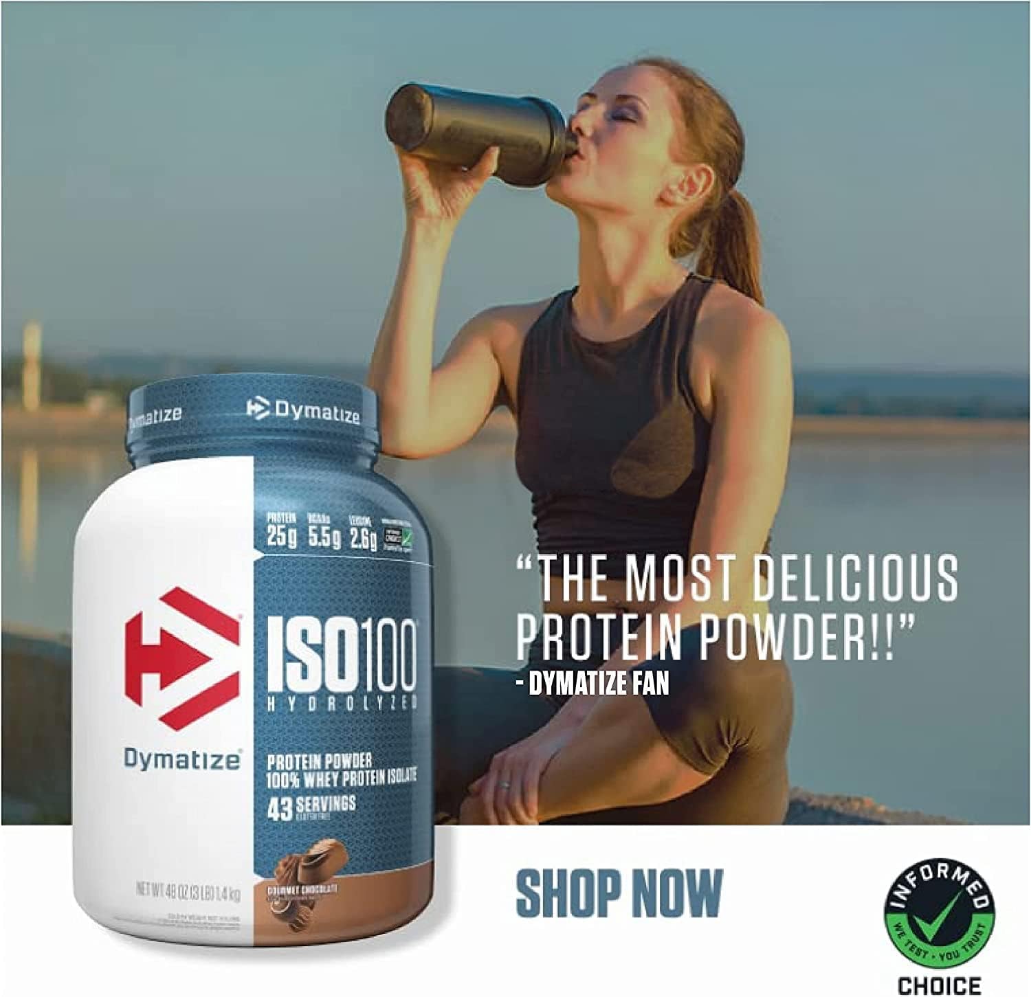 Dymatize ISO100 aporte de 25 g por porción para apoyo al entrenamiento.