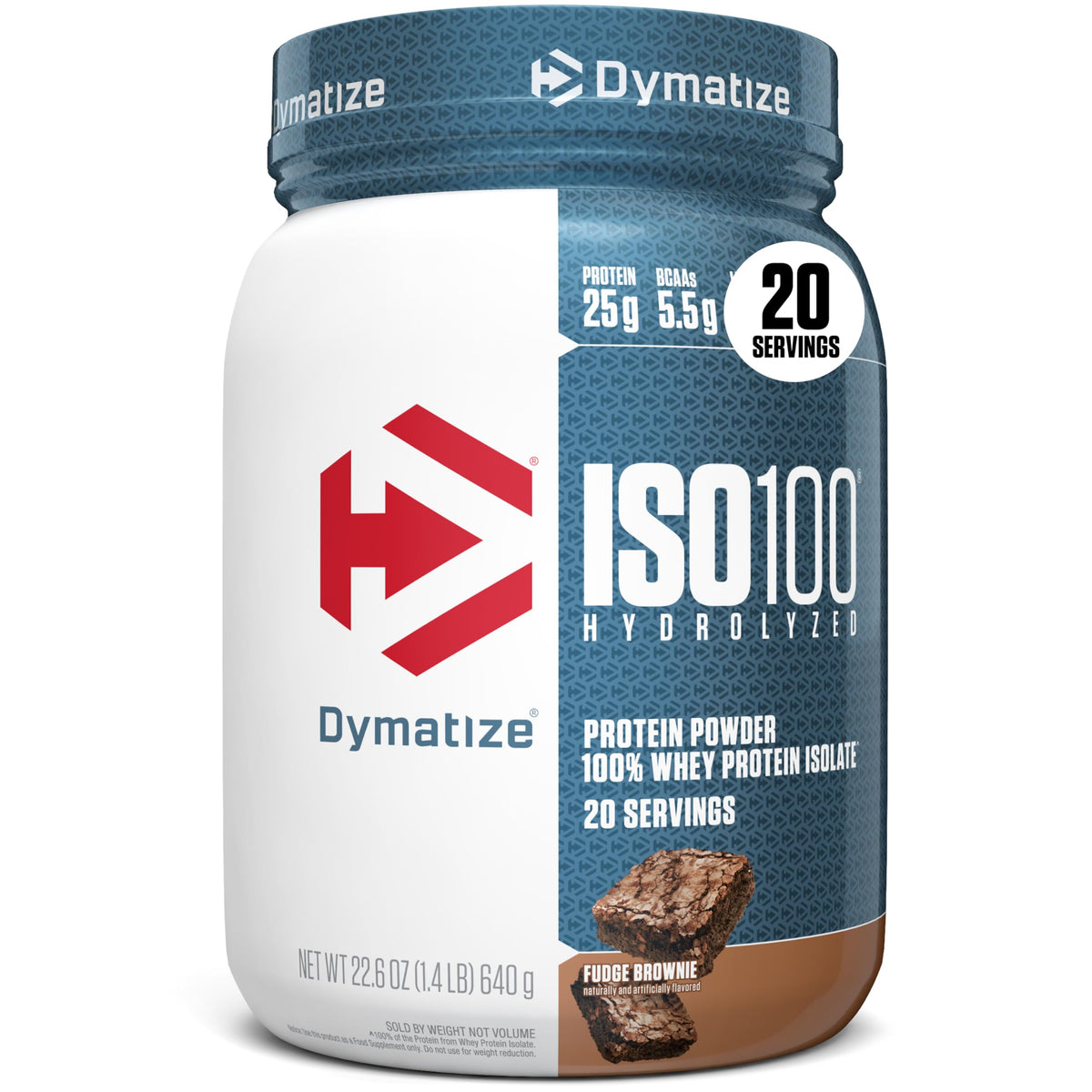Dymatize ISO100 en bote con sabor fudge brownie, ideal para apoyar ingesta proteica diaria.