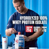 Dymatize ISO100 envase vainilla, proteína aislada de alta pureza, fácil de mezclar.