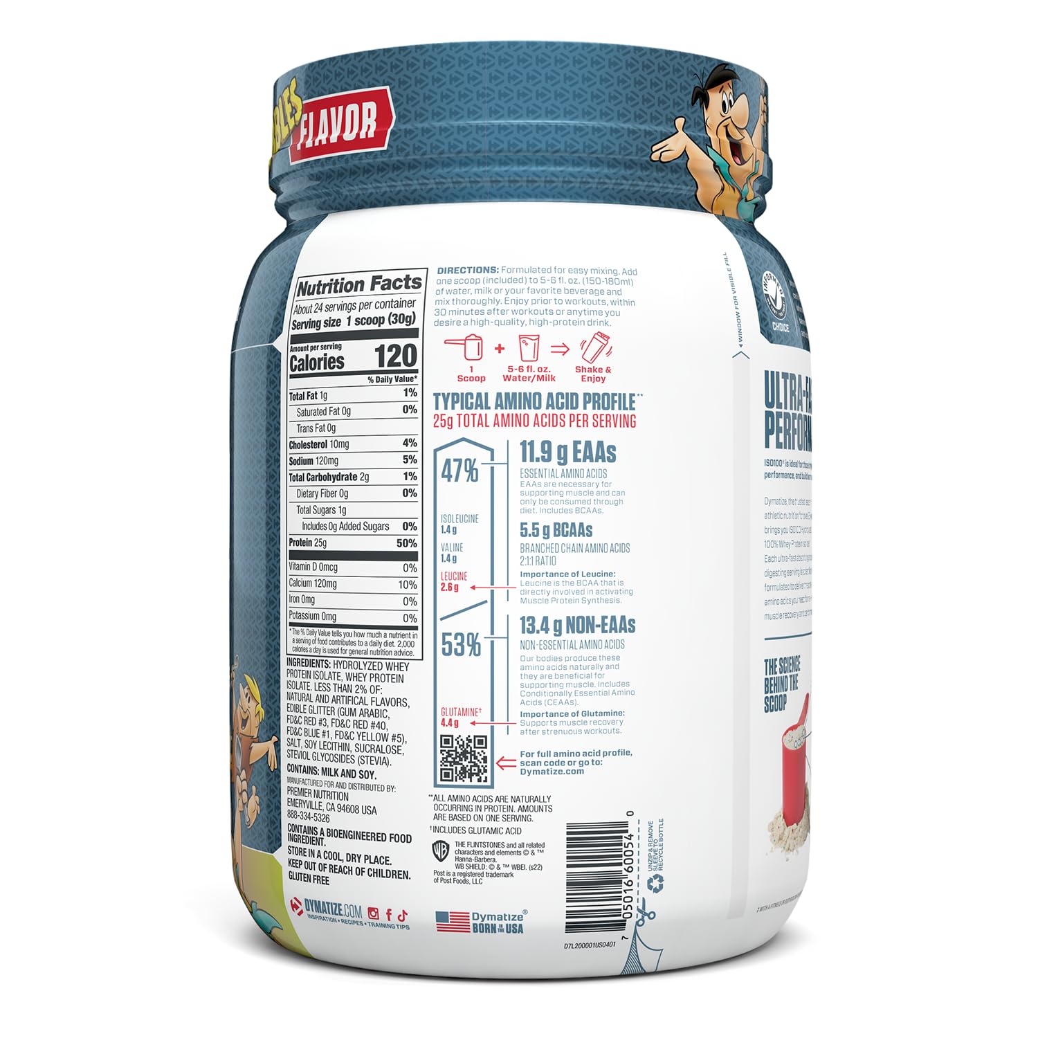 Contenido de porciones de Dymatize ISO100 Fruity Pebbles listo para varias tomas diarias