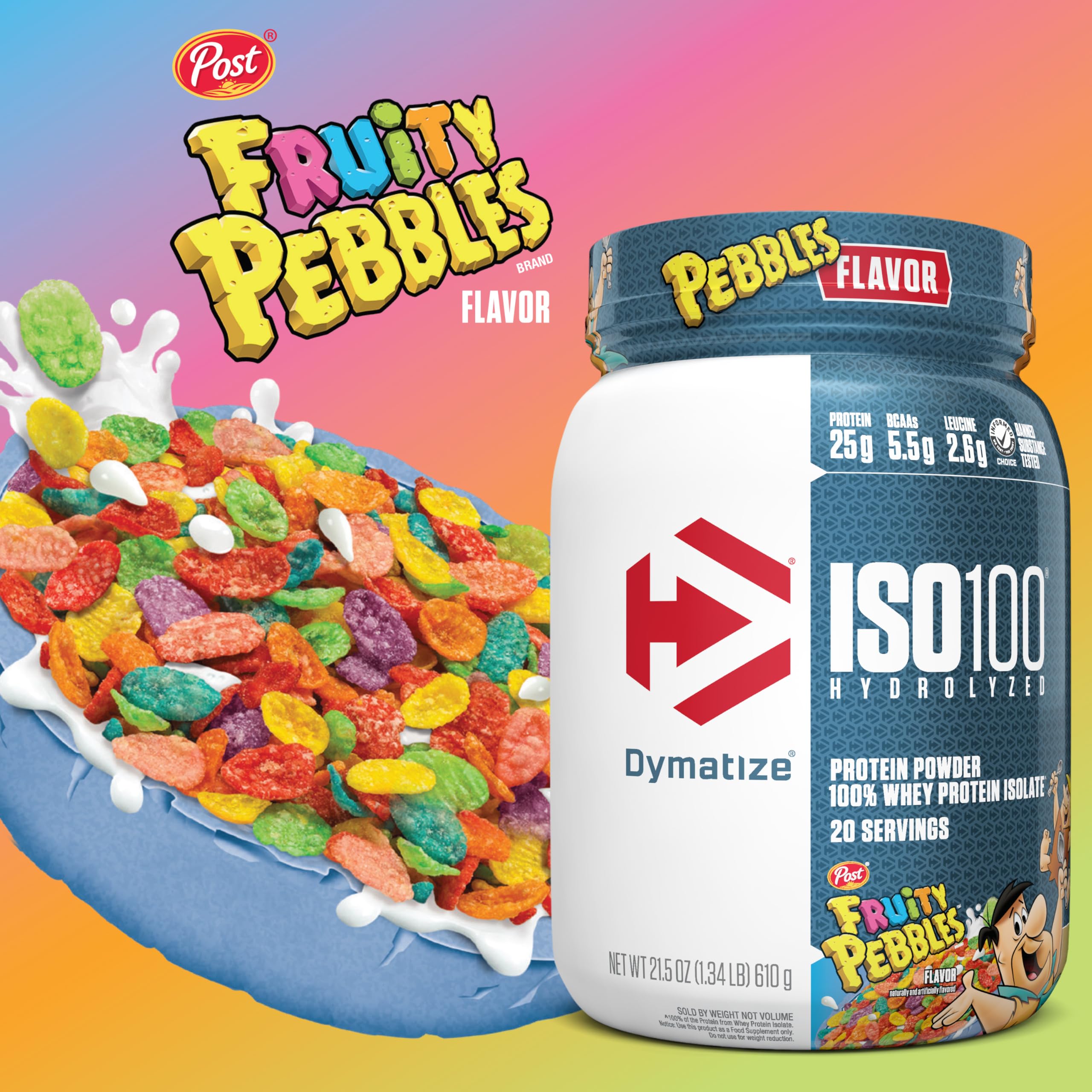 Etiqueta clara de Dymatize ISO100 Fruity Pebbles con información de ingredientes