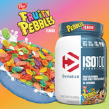 Etiqueta clara de Dymatize ISO100 Fruity Pebbles con información de ingredientes