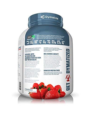 Dymatize ISO100 en taza mezcladora, sabor fresa, batido listo para entrenar