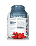 Dymatize ISO100 en taza mezcladora, sabor fresa, batido listo para entrenar