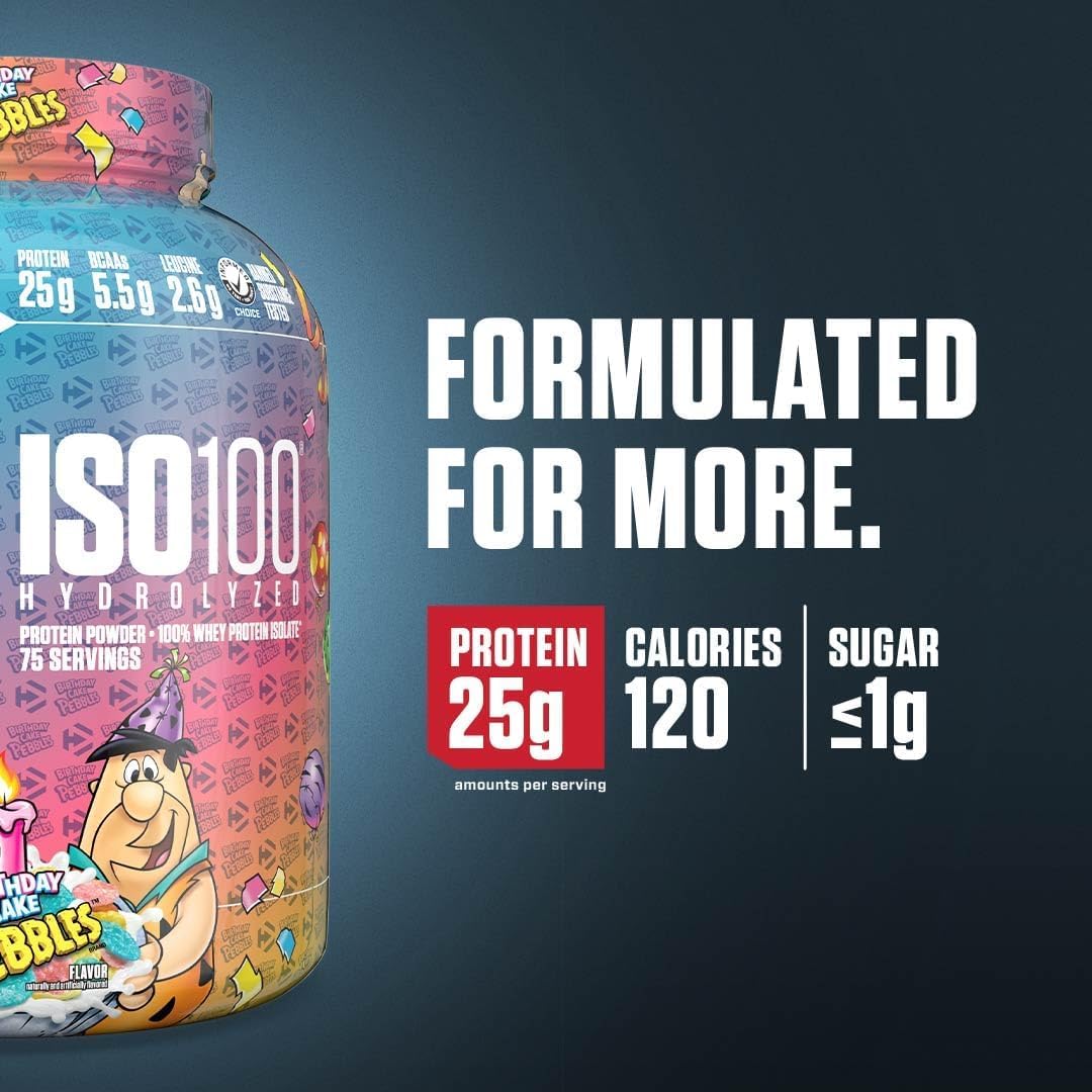 Dymatize ISO100 cuchara medidora lista para batidos proteicos tras entrenar.