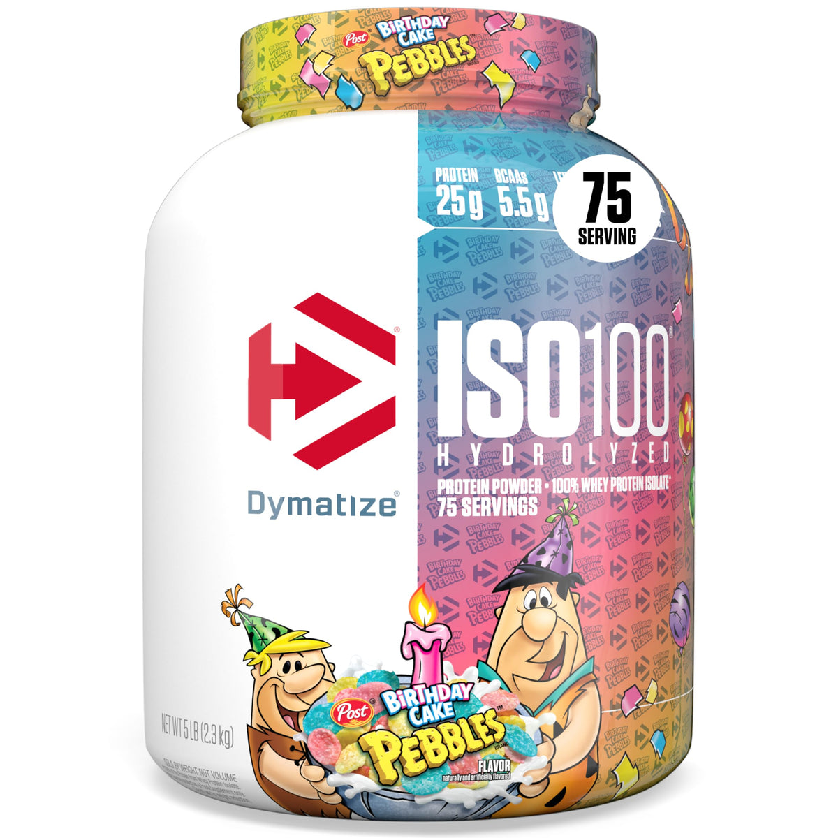 Dymatize ISO100 envase Pastel de Cumpleaños, proteína de absorción rápida para entrenamientos.
