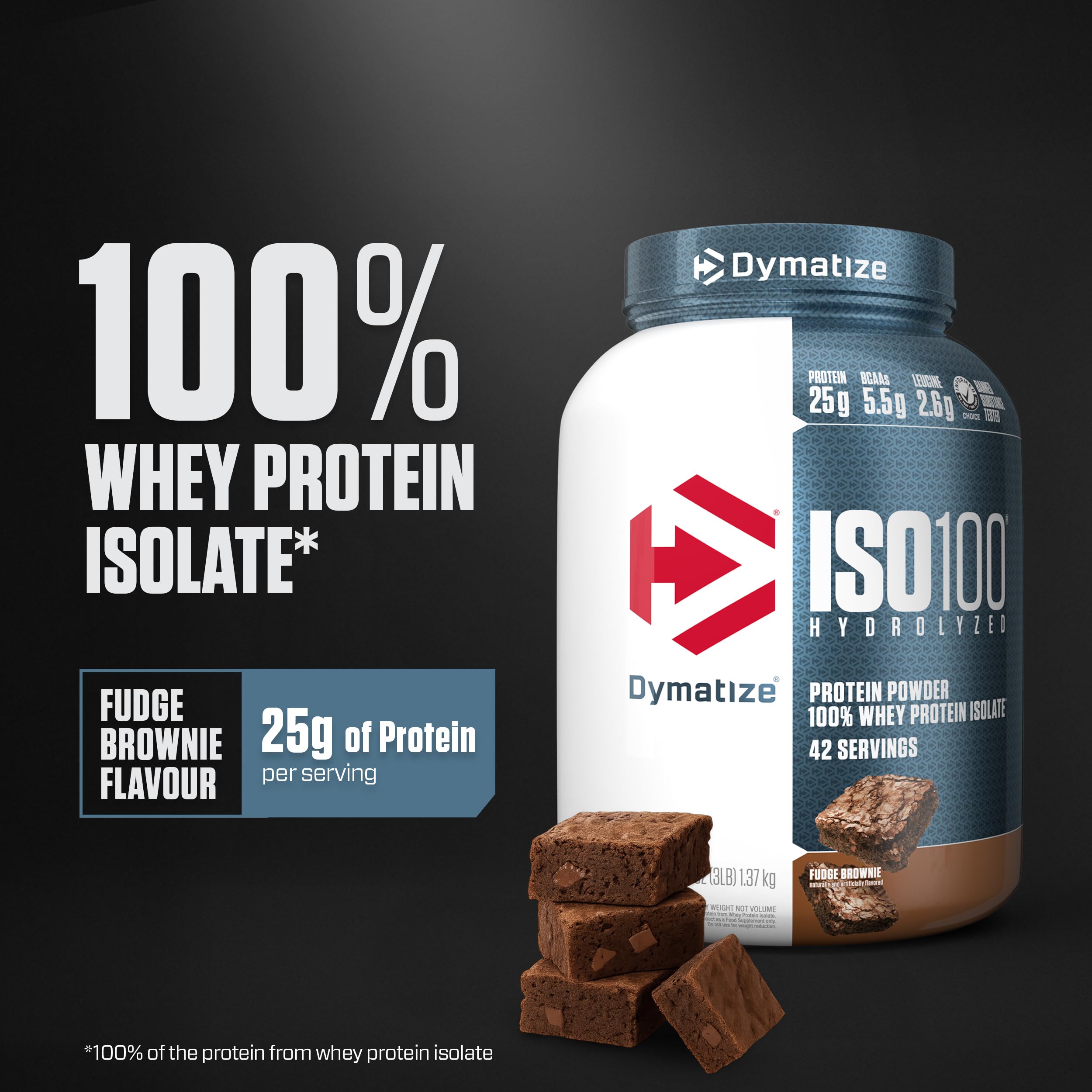 Dymatize ISO100, porción de 25 g ideal para recuperación después del entrenamiento.