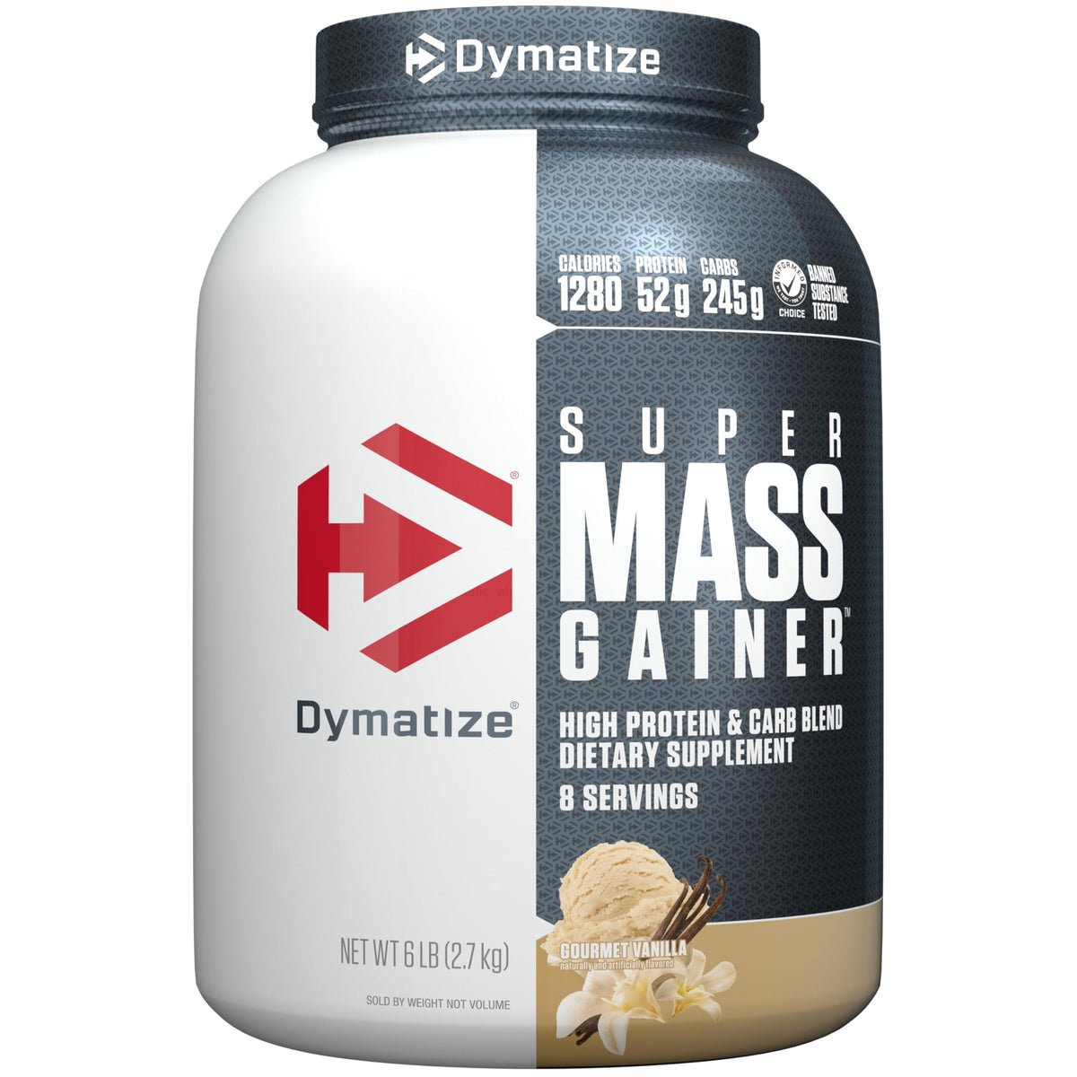 Dymatize Super Mass Gainer bote de vainilla para aumentar proteínas.