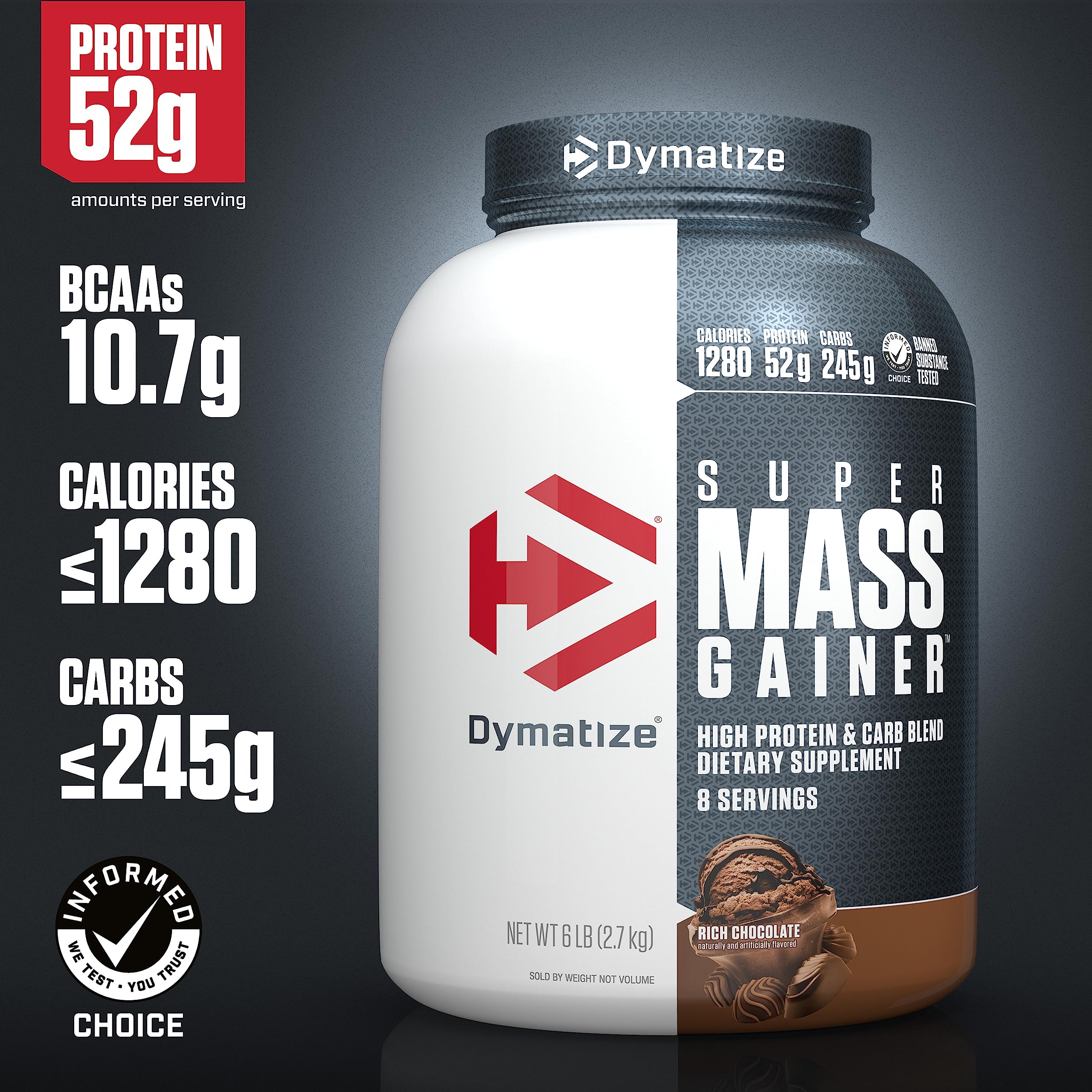 Dymatize Super Mass Gainer con 1280 calorías por porción para apoyar la ingesta calórica diaria