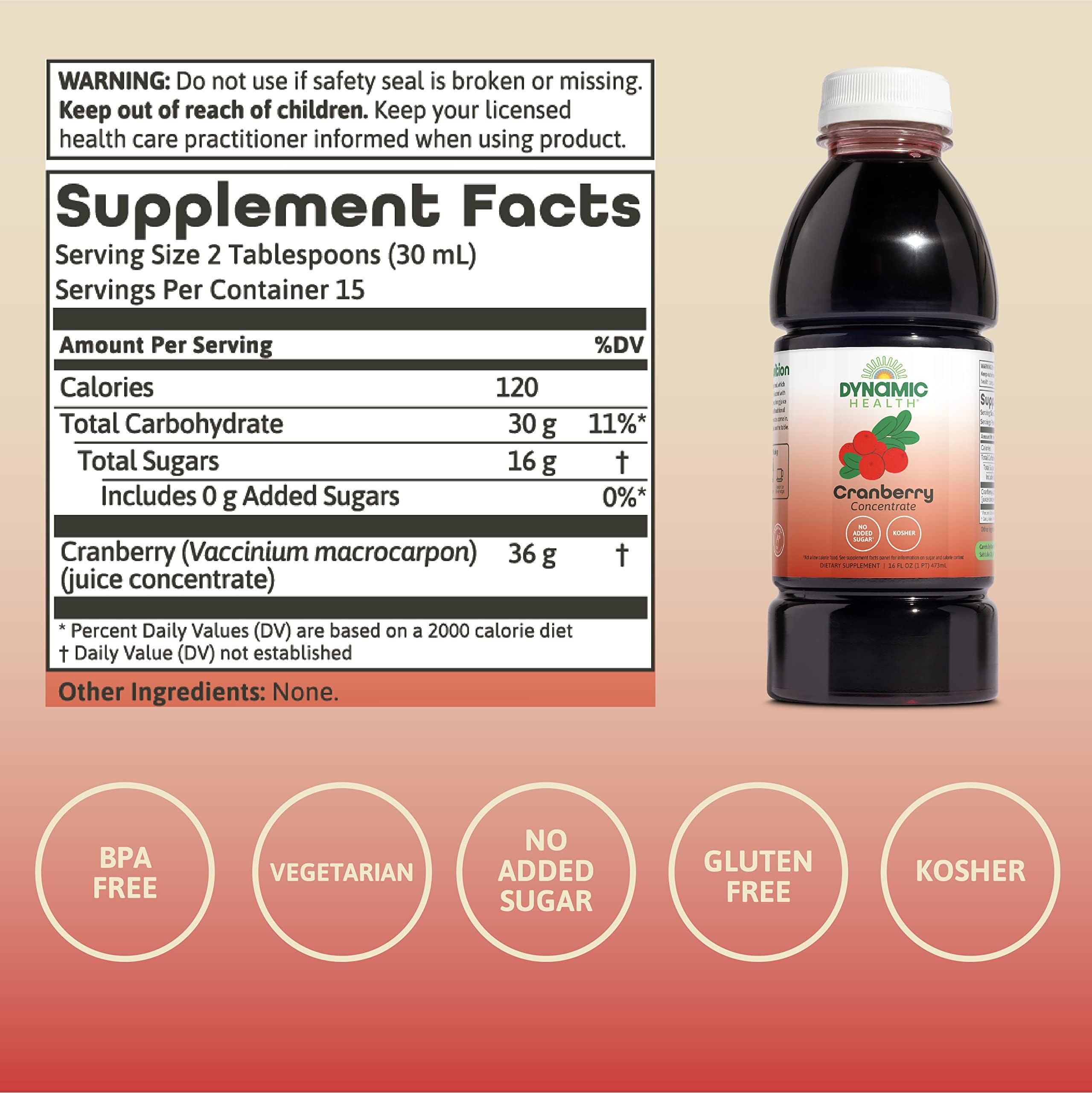 Dynamic Health Cranberry, etiqueta en detalle, ingredientes 100% orgánicos.
