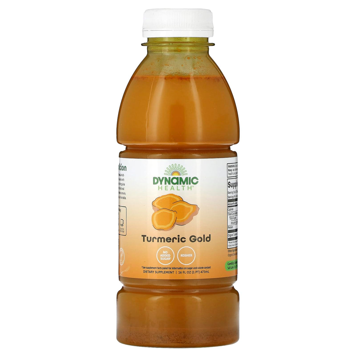 Dynamic Health Turmeric Gold, botella vertiendo, apoyo diario a articulaciones y bienestar general.