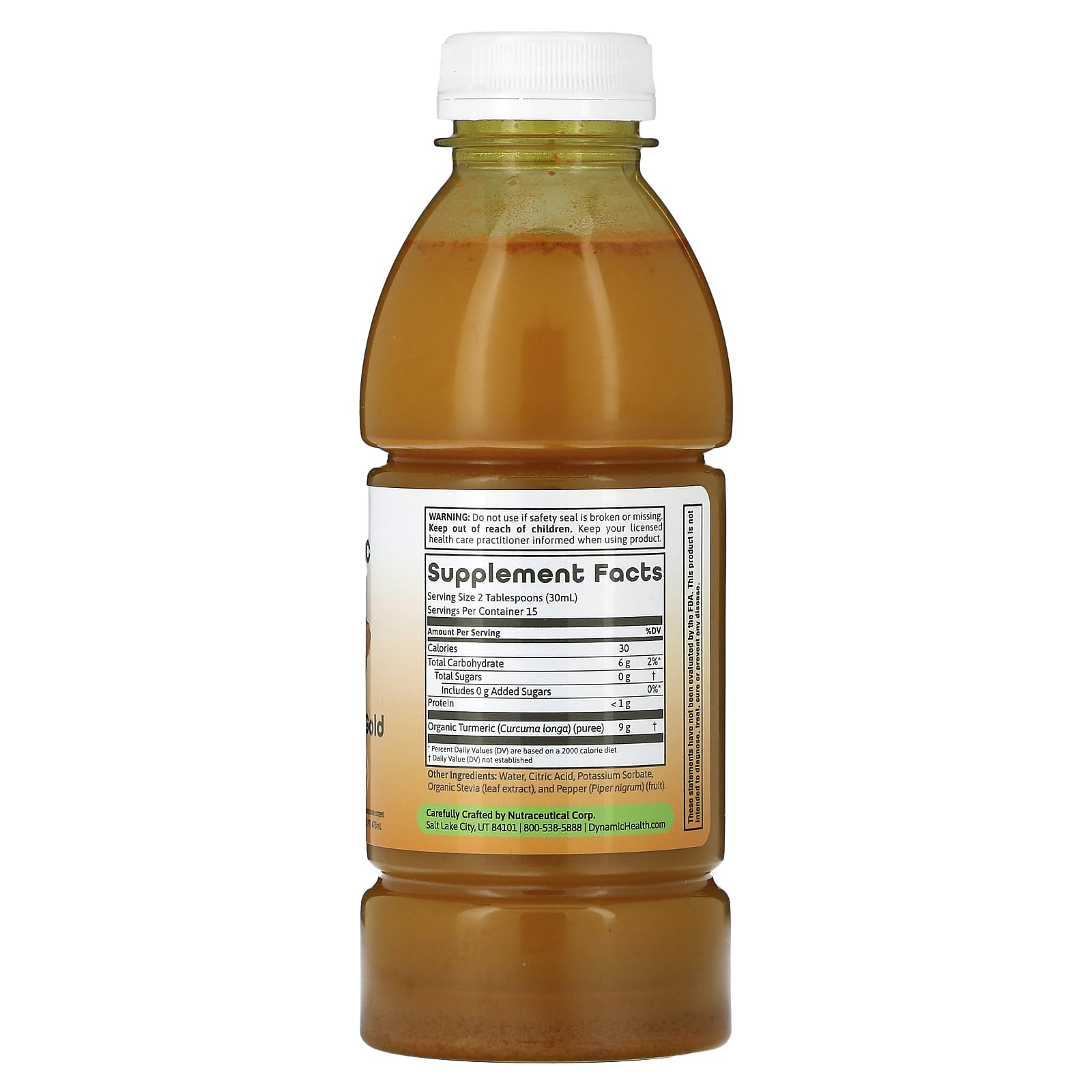 Dynamic Health Turmeric Gold, etiqueta de la botella, destaca jugo de cúrcuma 100% y ausencia de aditivos.