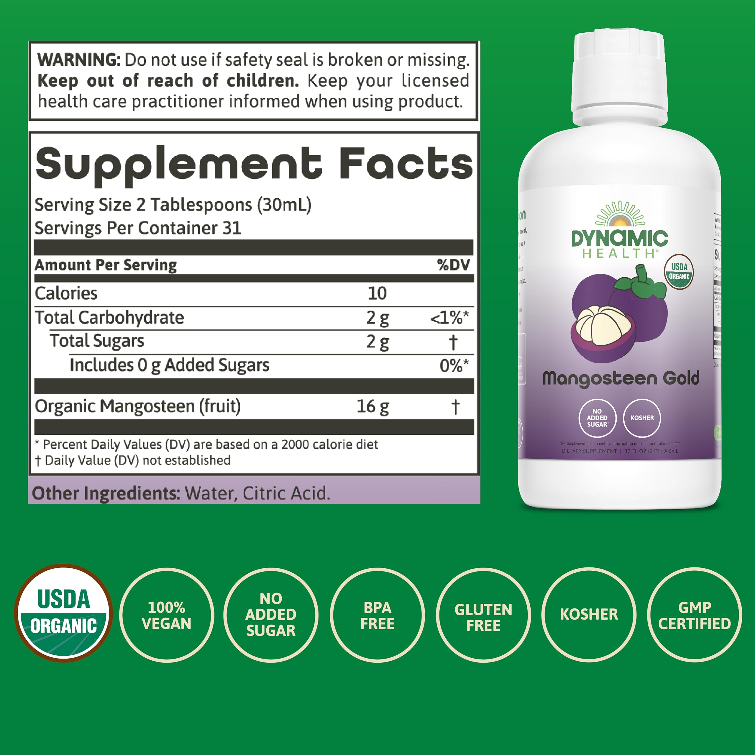 Dynamic Health Mangosteen Gold, etiqueta orgánica visible, jugo 100% natural
