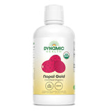 Dynamic Health Nopal Gold, botella transparente, muestra la pureza del jugo para tu rutina diaria.