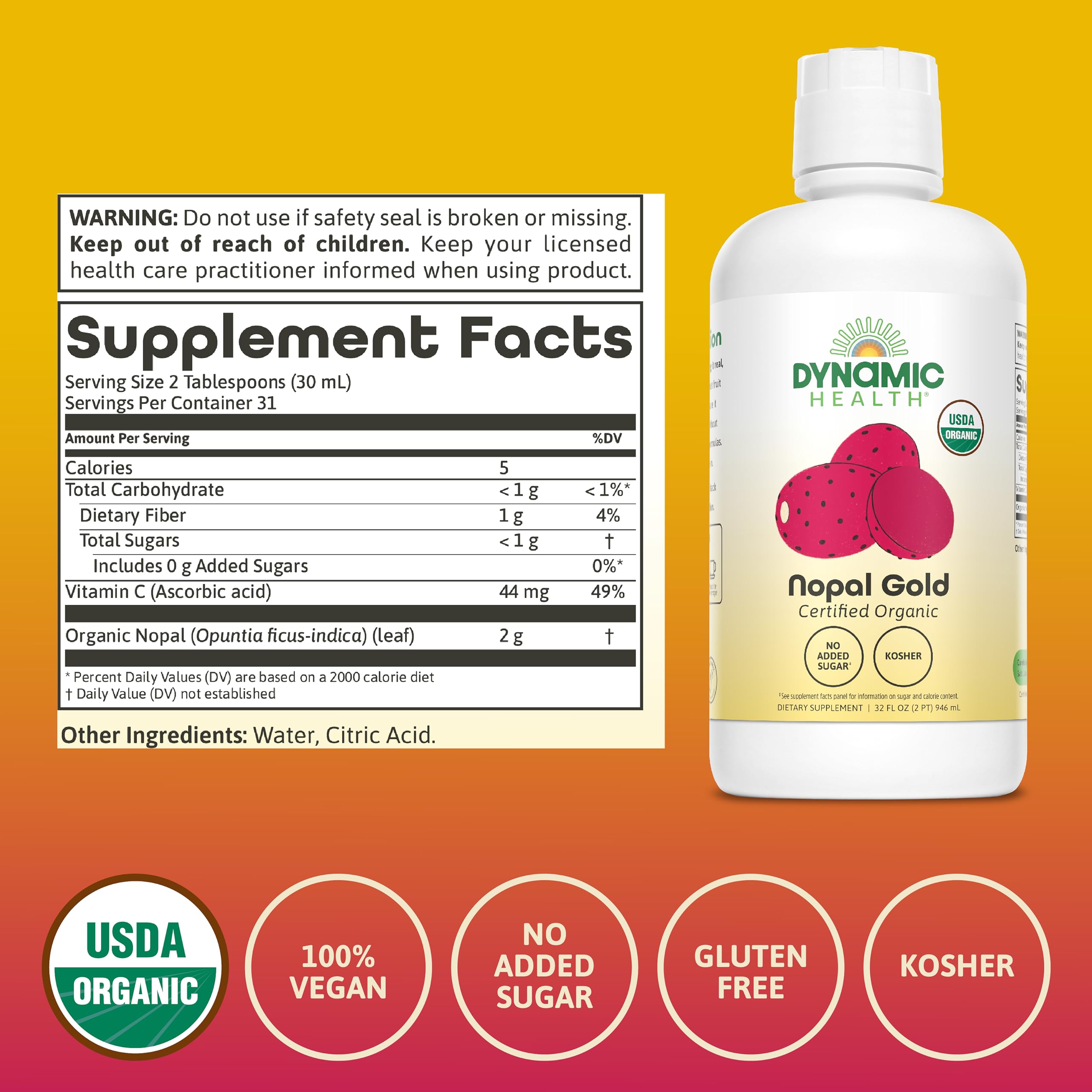 Dynamic Health Nopal Gold, etiqueta destacada, garantía de calidad orgánica.