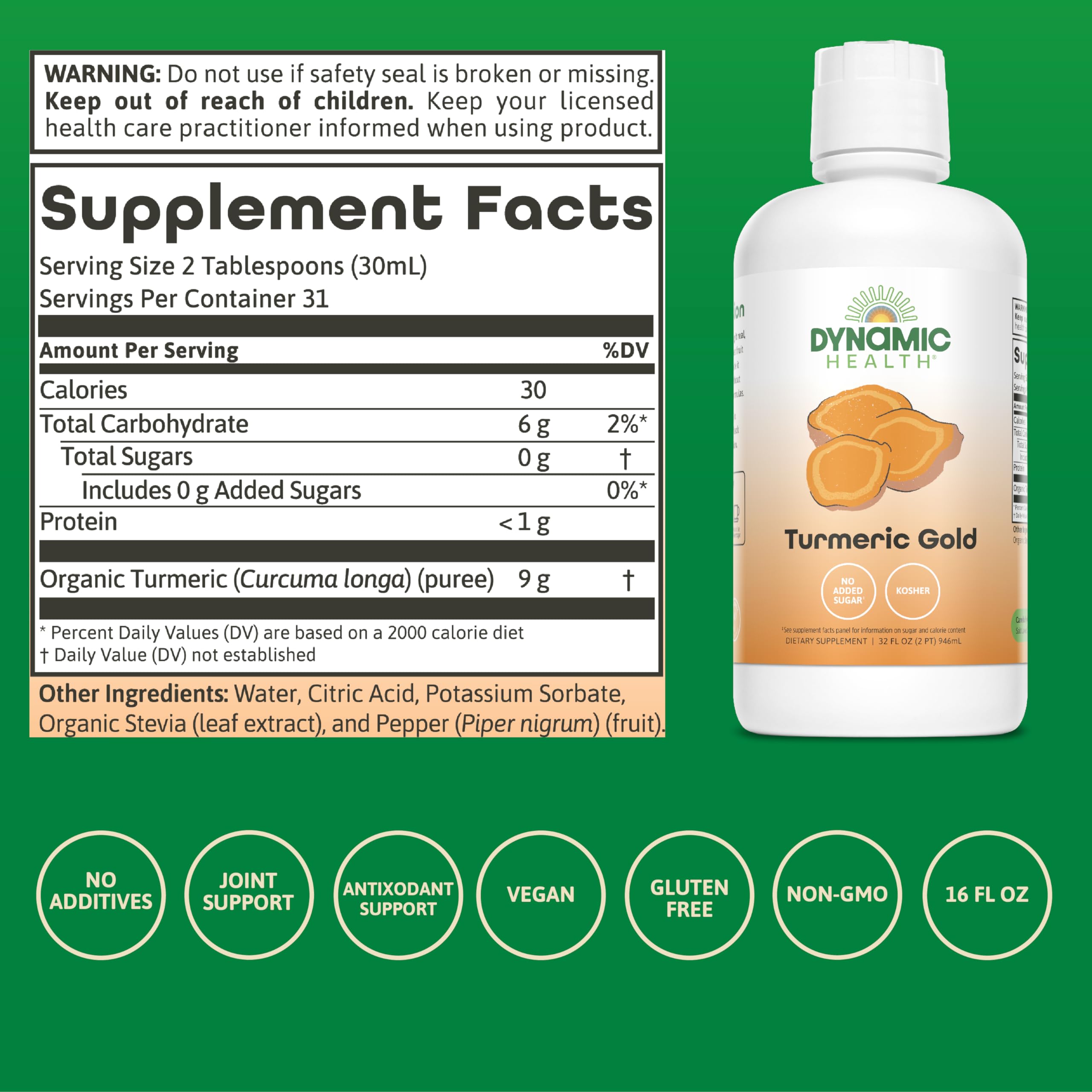 Dynamic Health Turmeric Gold: etiqueta que destaca ingredientes orgánicos y sin aditivos