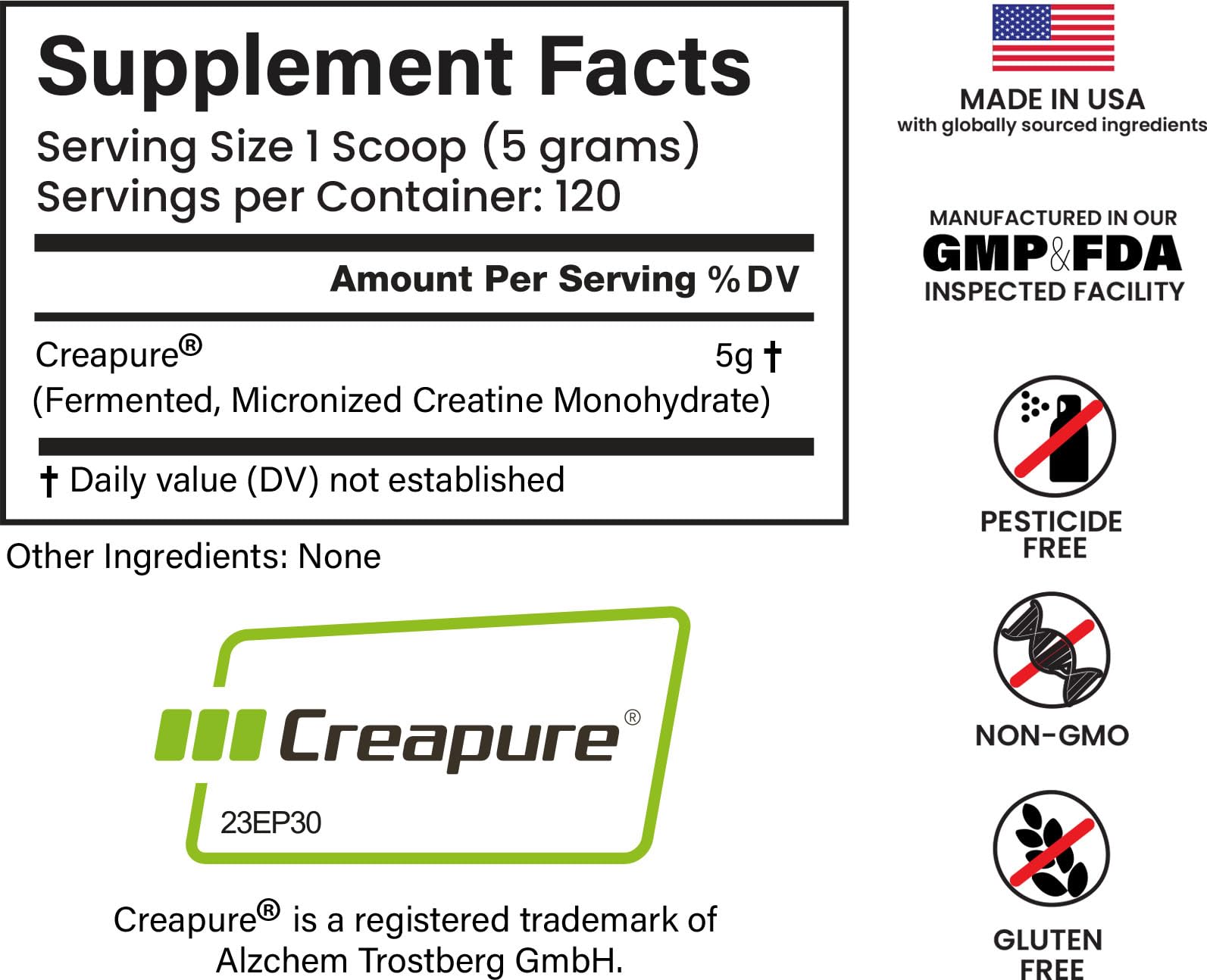 E1P Creapure Monohidrato: etiqueta clara que resalta ingredientes certificados
