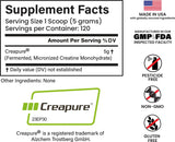 E1P Creapure Monohidrato: etiqueta clara que resalta ingredientes certificados