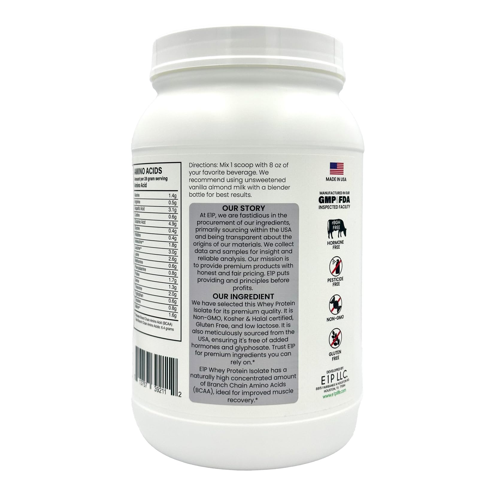 Proteína E1P con certificaciones Halal y Kosher visibles